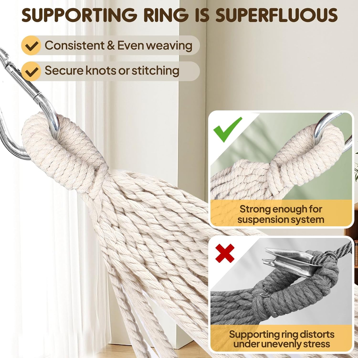 Cotton Hammock Portable Camping Hammocks for Hanging Sturdy Garden Comfortable Fabric Hammock with Tree Straps Up to 660lbs with Travel Bag for Camping Outdoor/Indoor Patio Backyard - Image 6