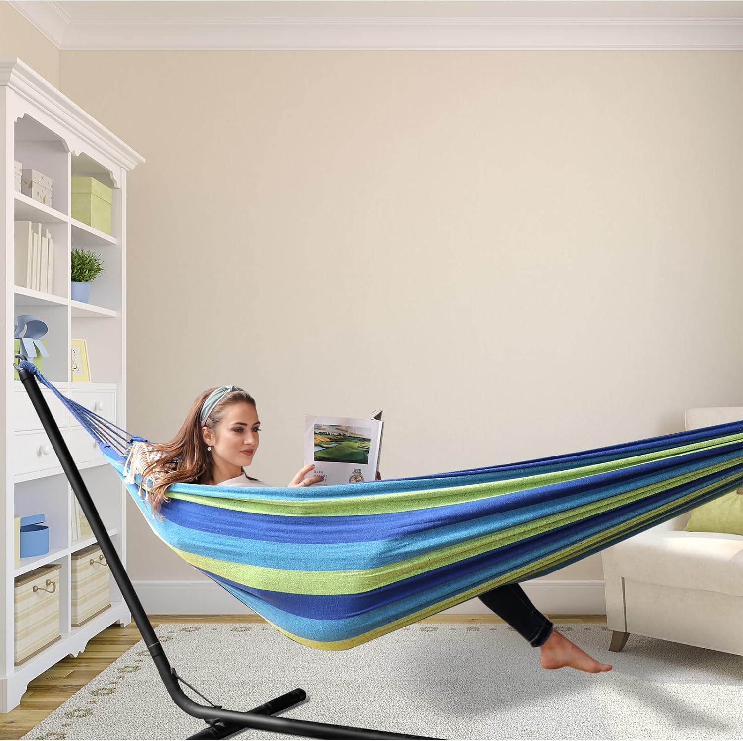 Cotton Hammock Portable Camping Hammocks for Hanging Sturdy Garden Comfortable Fabric Hammock with Tree Straps Up to 660lbs with Travel Bag for Camping Outdoor/Indoor Patio Backyard - Image 7