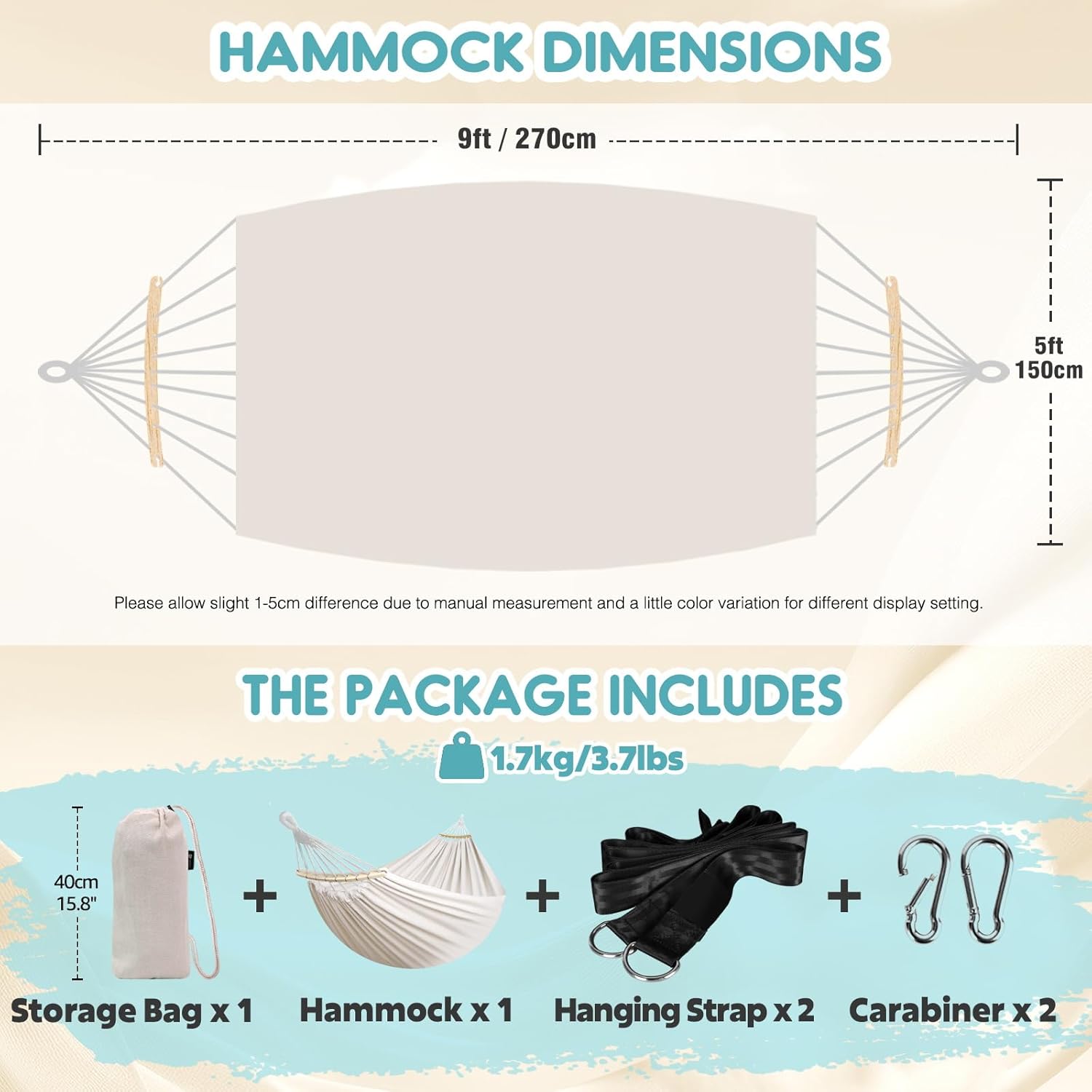 Garden Cotton Hammock Comfortable Fabric Hammock with Spreader Bar Sturdy Hammocks Up to 450lbs Portable Lightweight Hammocks with Travel Bag for Camping Outdoor/Indoor Patio Backyard - Image 2