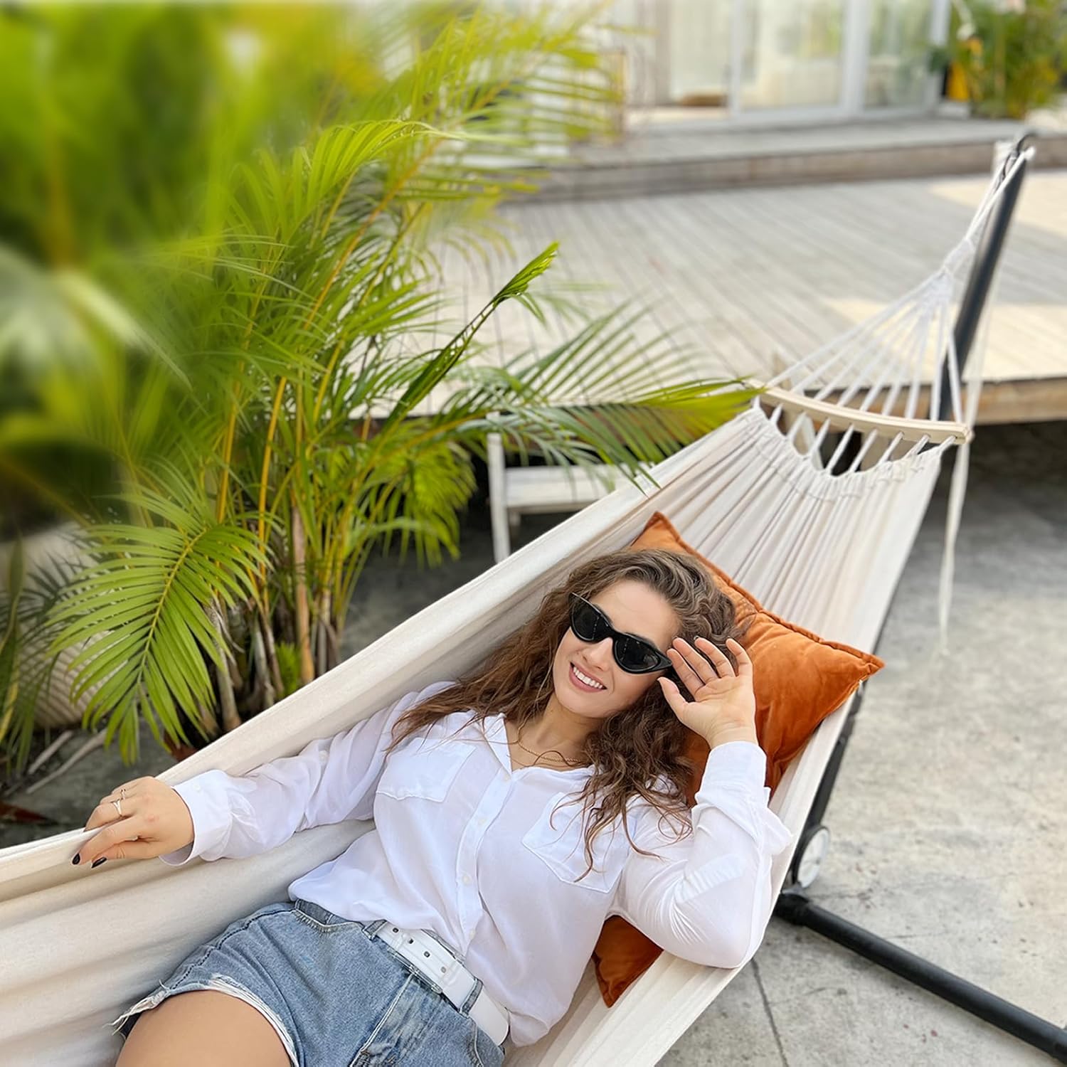 Garden Cotton Hammock Comfortable Fabric Hammock with Spreader Bar Sturdy Hammocks Up to 450lbs Portable Lightweight Hammocks with Travel Bag for Camping Outdoor/Indoor Patio Backyard - Image 7