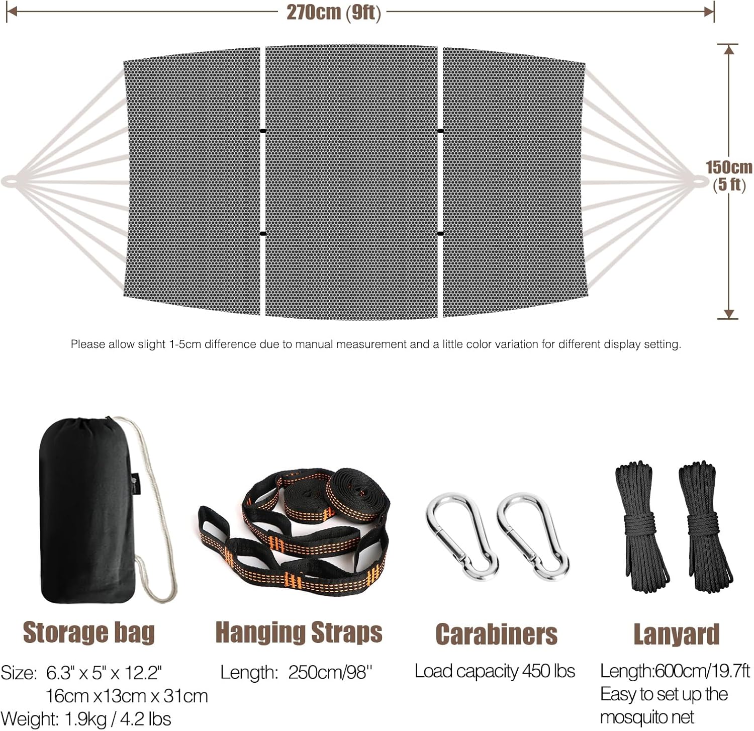 Camping Hammock with Mosquito Netting and Tree Straps - Sturdy Up to 450lbs for Outdoor, Backyard, Backpacking, Hiking - Image 3