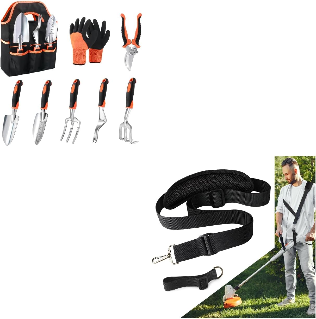 Garden Tools Set, 8 Piece Gardening Tools Set with Non Slip Ergonomic Handle+ Trimmer Shoulder Strap for Weed, Adjustable Shoulder Straps Pads - Image 1