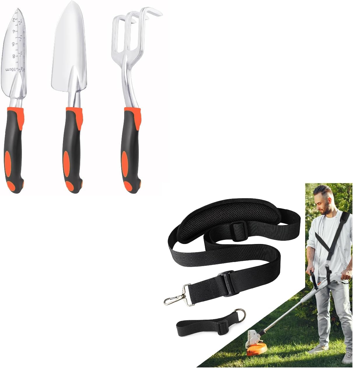Garden Tools Set, 3 Pack Heavy Duty Gardening Tools Set + Trimmer Shoulder Strap for Weed, Adjustable Shoulder Straps Pads - Image 1