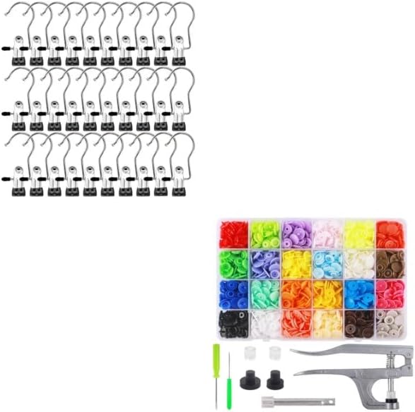 30 Pack Laundry Hooks Hanging Clips Clothes Pins Closet Hanger Organizer + Snap Button Kit with Snaps Pliers, 240 Sets Plastic Snaps for Fabric - Image 1