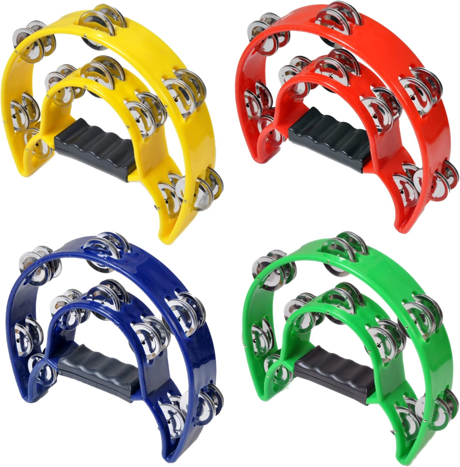 Double Row Tambourine, Half-Moon Musical Tambourine Hand Held for Kids, Adults, Party, KTV 4 colors (9 inch, Pack of 4) - Image 1