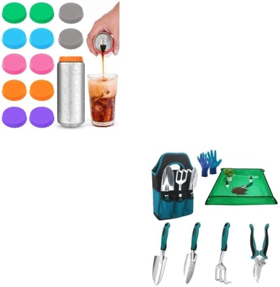 Silicone Soda Can Cover Lids, 12 Pack Reusable Soda Can Lids + Garden Tools Sets, Gardening Tool Set with 39.3 in Repotting Mat, - Image 1
