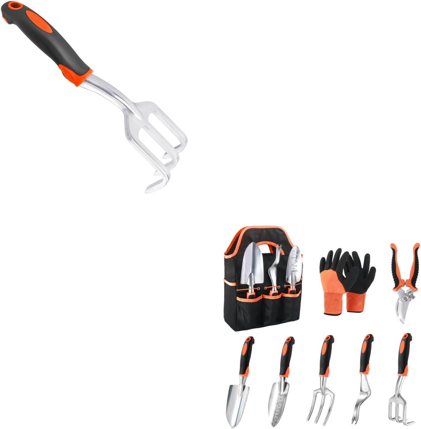 Hand Rake Garden Tool, Heavy Duty Hand Cultivators for Gardening + Garden Tools Set, 8 Piece Gardening Tools Set - Image 1