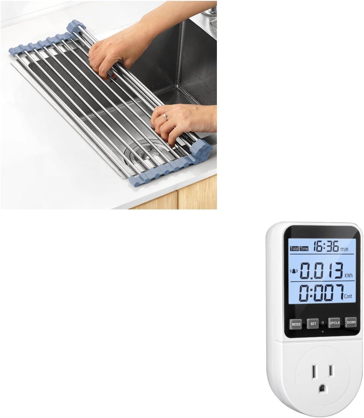 Over The Sink Dish Drying Rack, Roll Up Dish Drying Rack Kitchen Dish Rack + Upgraded Watt Meter, Watt Usage Meter Plug Home Energy Monitor Consumption - Image 1