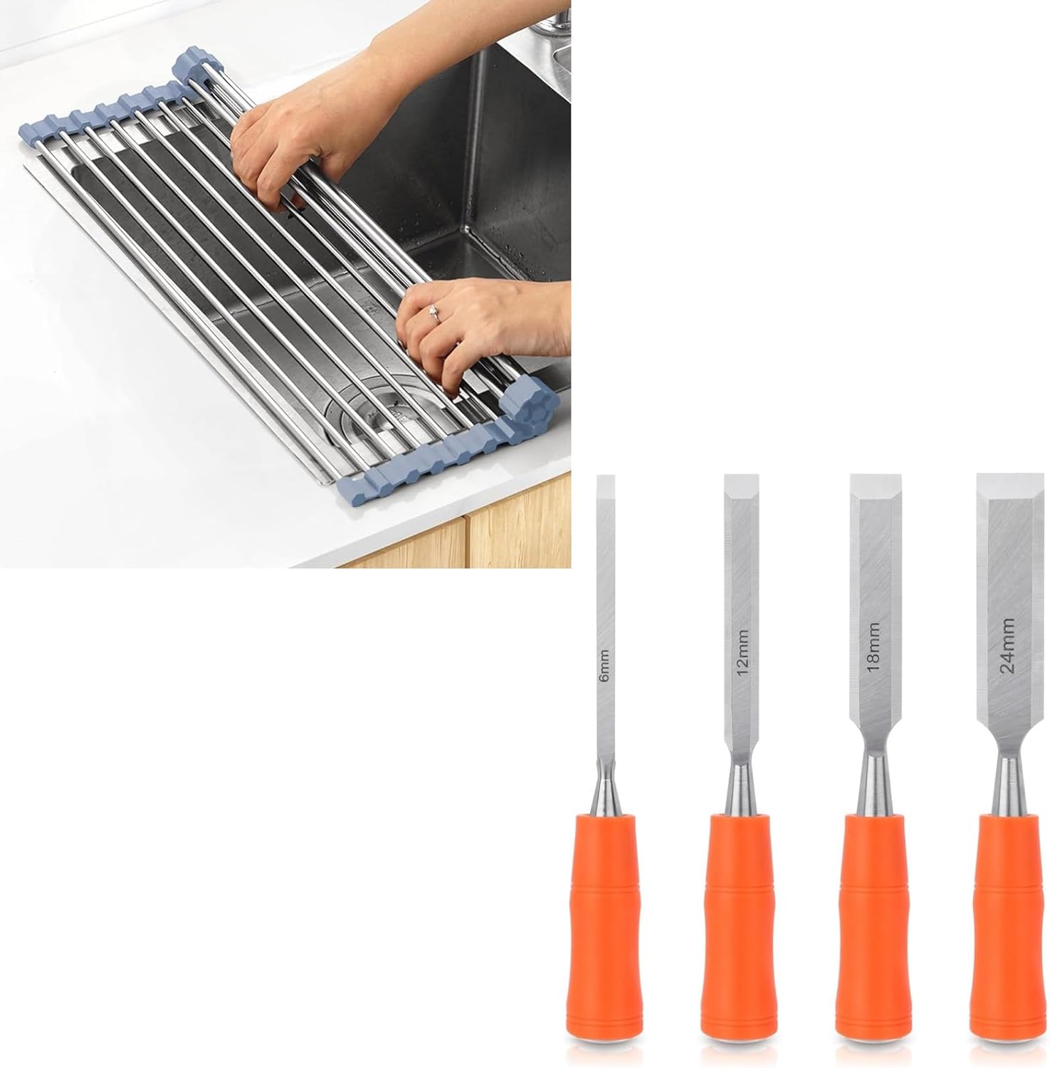 Over The Sink Dish Drying Rack，Foldable Dish Drainer, Gray + 4 Piece Wood Chisel Sets Woodworking Tools Set - Image 1