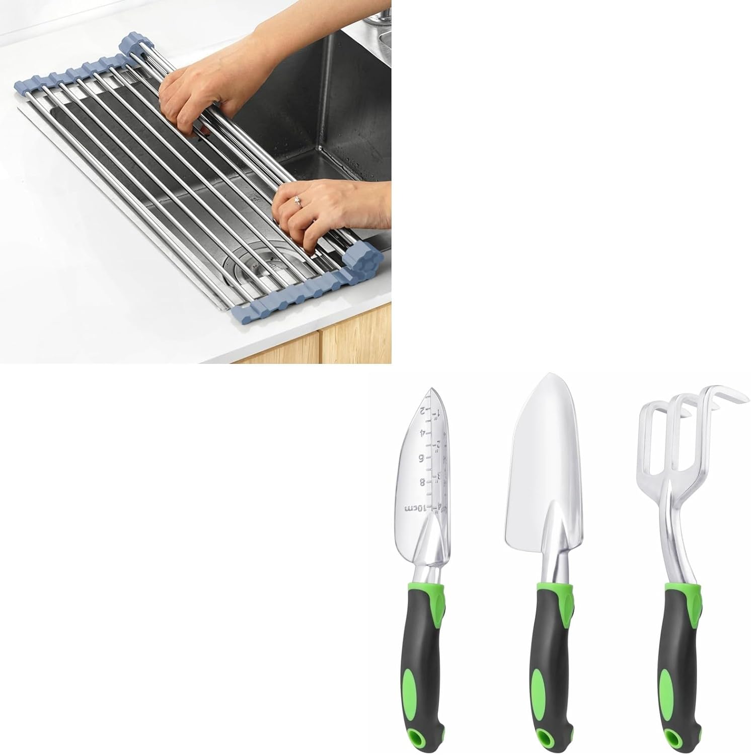 Over The Sink Dish Drying Rack，Foldable Dish Drainer, Gray +Aluminum Alloy Lawn and Garden Hand Tools for Planting - Image 1