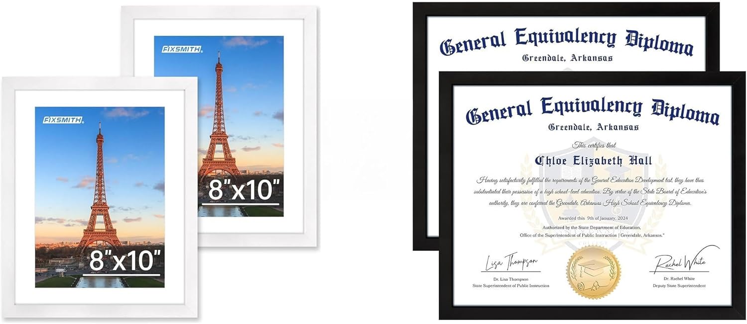 White 8x10 Picture Frame&8.5x11 Diploma Frame, Black Picture Frame With Clear Plexiglass, 2 Pack Certificate for Wall Display, Document Frame, High School Diploma - Image 1