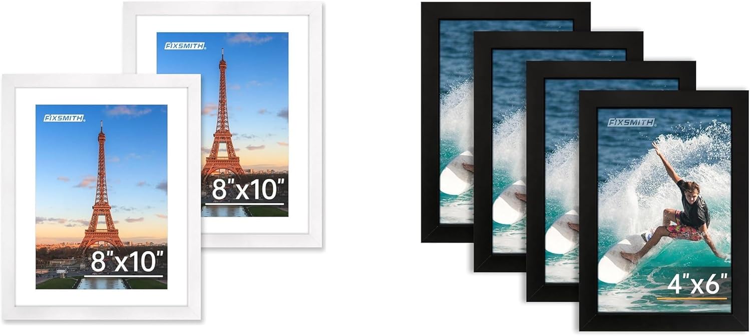 White 8x10 Picture Frame&4x6 Picture Frame Set of 4, 4x6 Photo Frames with HD Plexiglass for Wall Hanging or Tabletop Display, Black - Image 1