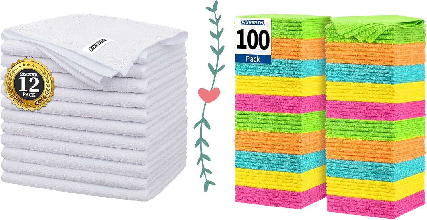 White Microfiber Cleaning Cloth -Pack of 12 Microfiber Cleaning Cloth Bulk, 100 Pack Shop Towels, Lint-Free Car Wash Towels - Image 1