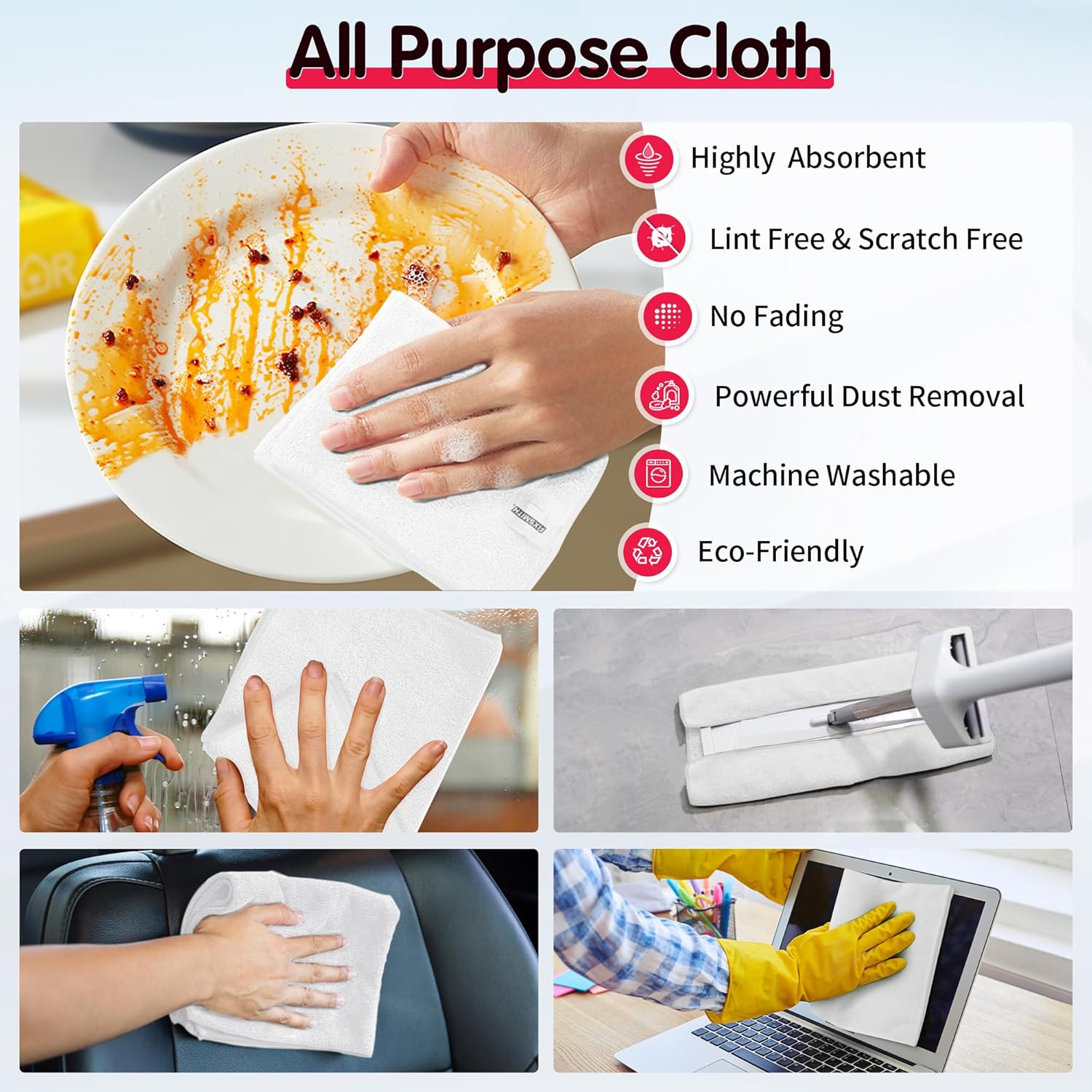 White Microfiber Cleaning Cloth -Pack of 12 Microfiber Cleaning Cloth Bulk, 100 Pack Shop Towels, Lint-Free Car Wash Towels - Image 4