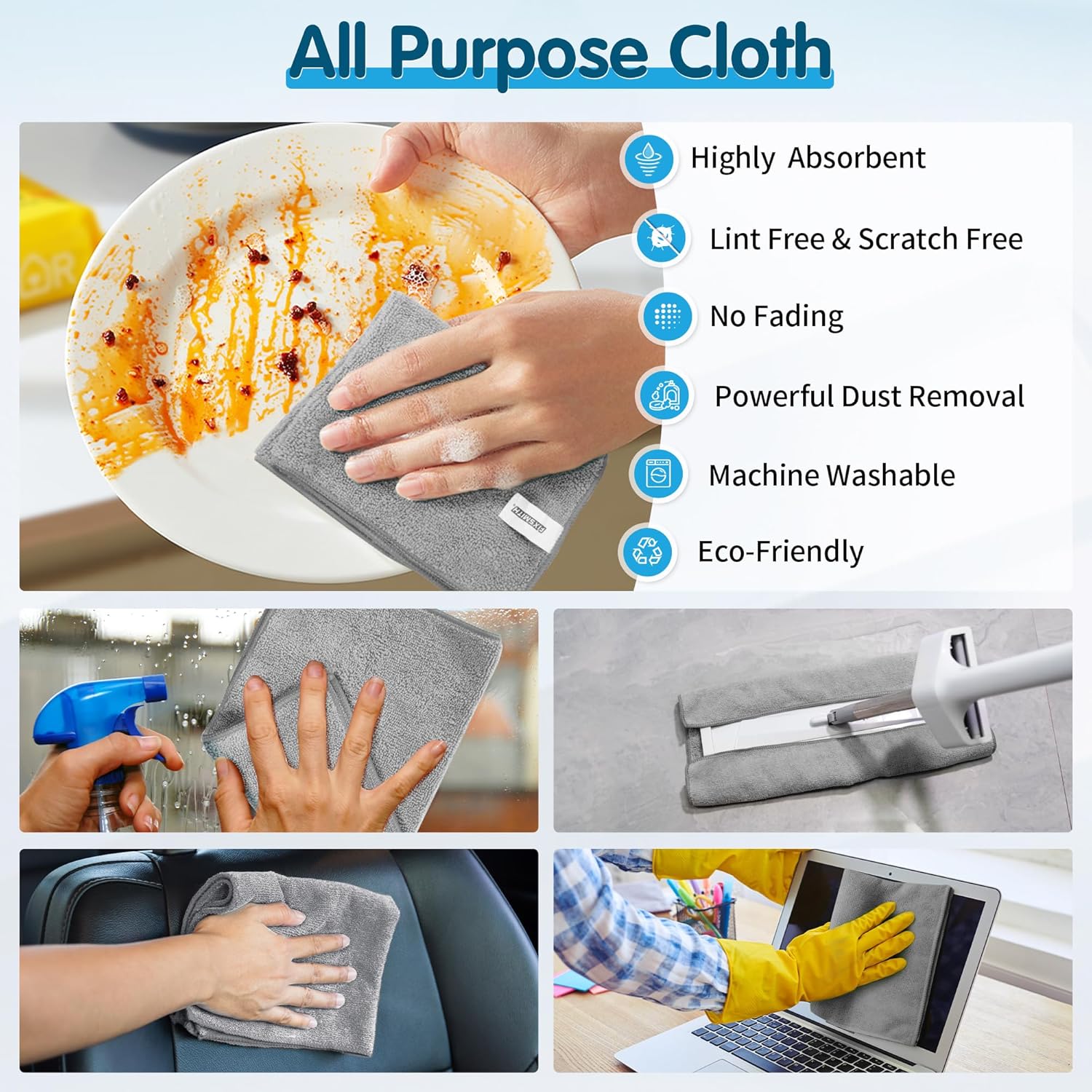 Grey Microfiber Cleaning Cloth -Pack of 12 Microfiber Cleaning Cloth Bulk, 100 Pack Shop Towels, Lint-Free Car Wash Towels - Image 5