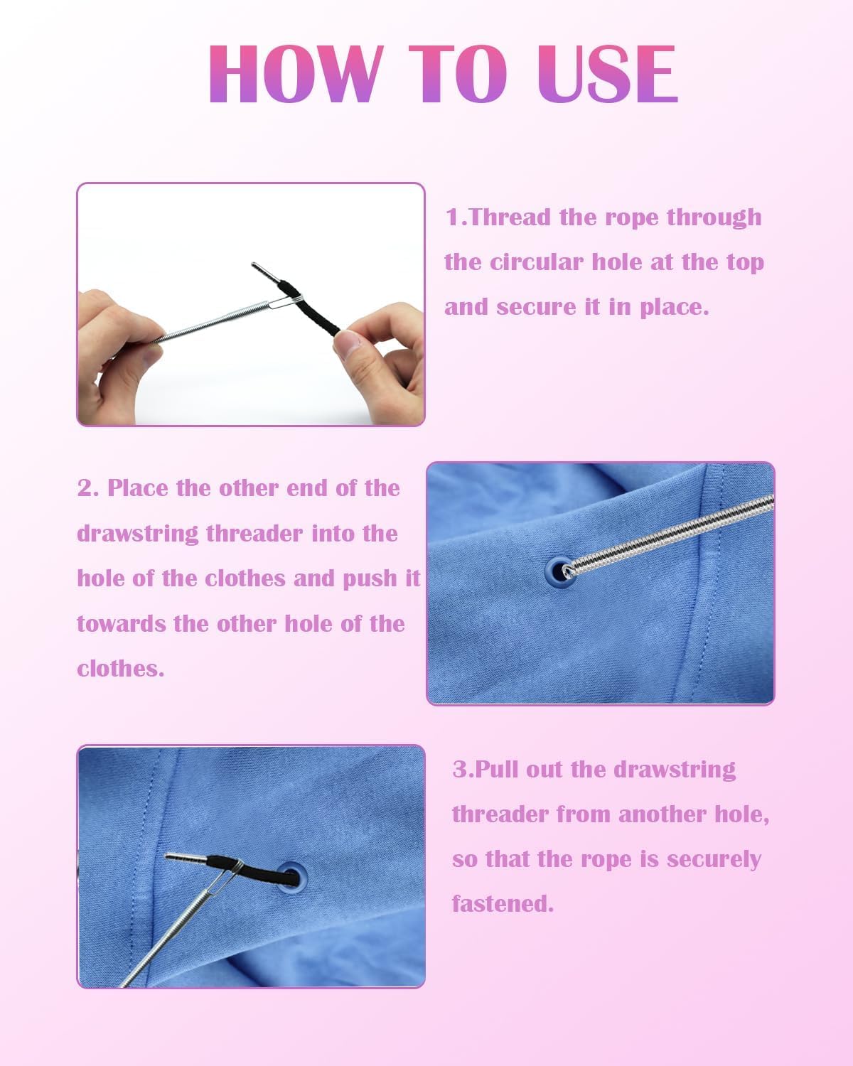Spring Drawstring Threader,4Pcs Flexible and Elastic Drawstring Threader Tool DIY Rope Threader Clip Hoodie String Replacement Drawstring Puller for Sweatpants,Shorts,Jackets,Coat - Image 4