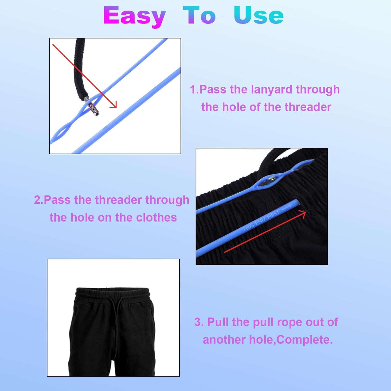 2 Pcs Plastic Flexible Drawstring Threader,58.2cm/23in Hoodie String Threader Drawstring Replacement Quick & Easy Drawstring Threader Tool for Sweatpants,Jackets,Swim Trunks,Shorts(Blue) - Image 4