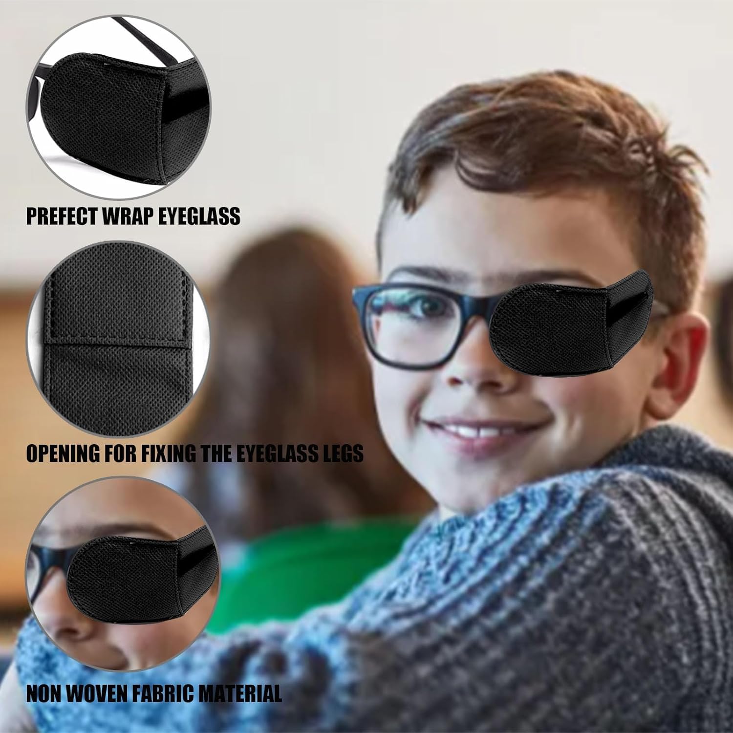Eye Patches for Glasses,6 Pcs Medical Eye Patch for Adults and Kids Non-Woven Fabric Eye Patches to Cover Left or Right Eye Strengthen Vision and Improve Amblyopia,Lazy Eye(Black,Large Size) - Image 3