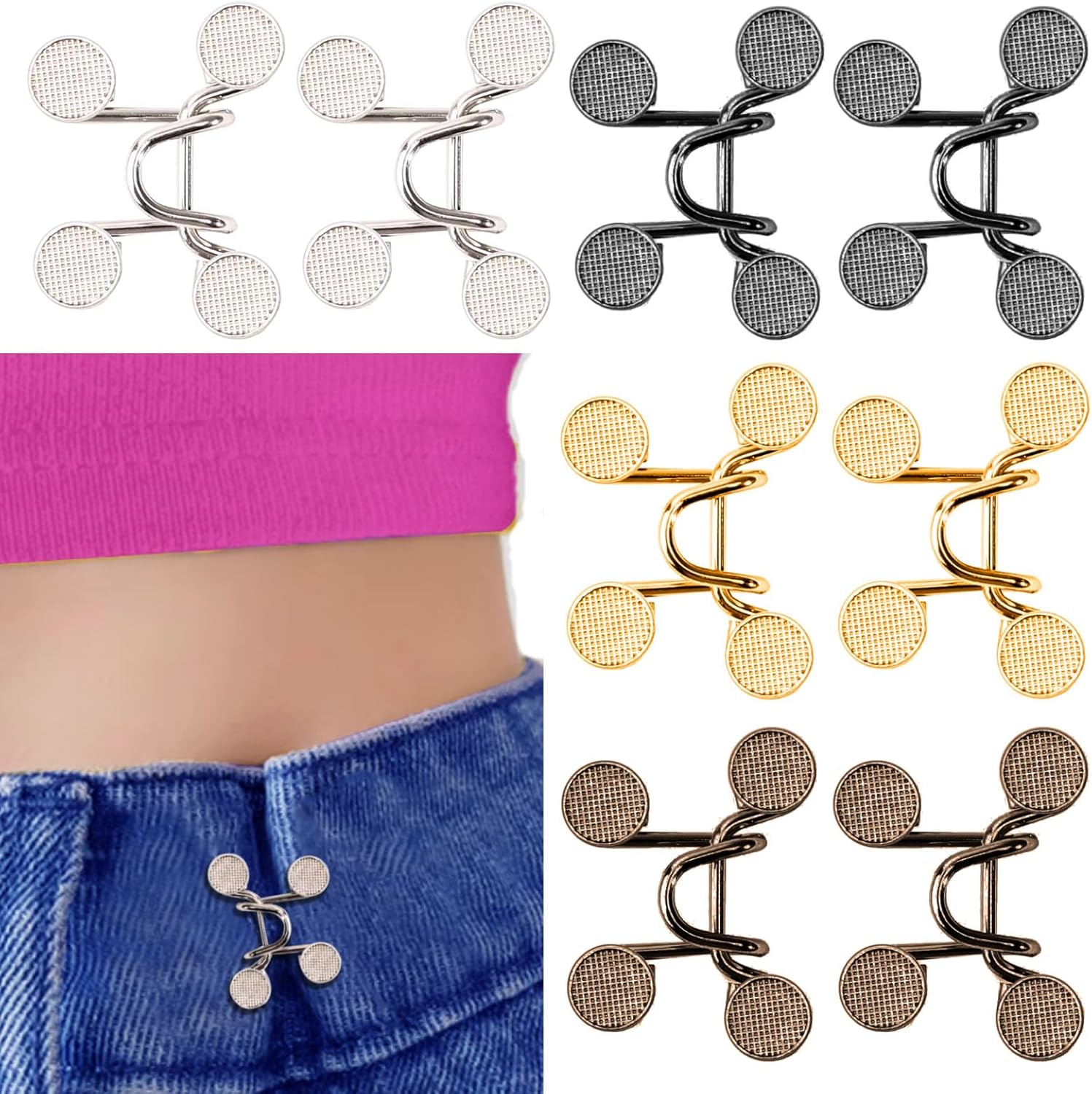 Adjustable Pant Waist Tightener,8 Set Jeans Pants Clips to Tighten Waist Buttons for Loose Jeans No Sewing Button Make Waistband Smaller Tightener for Women and Men(4 Colors) - Image 1