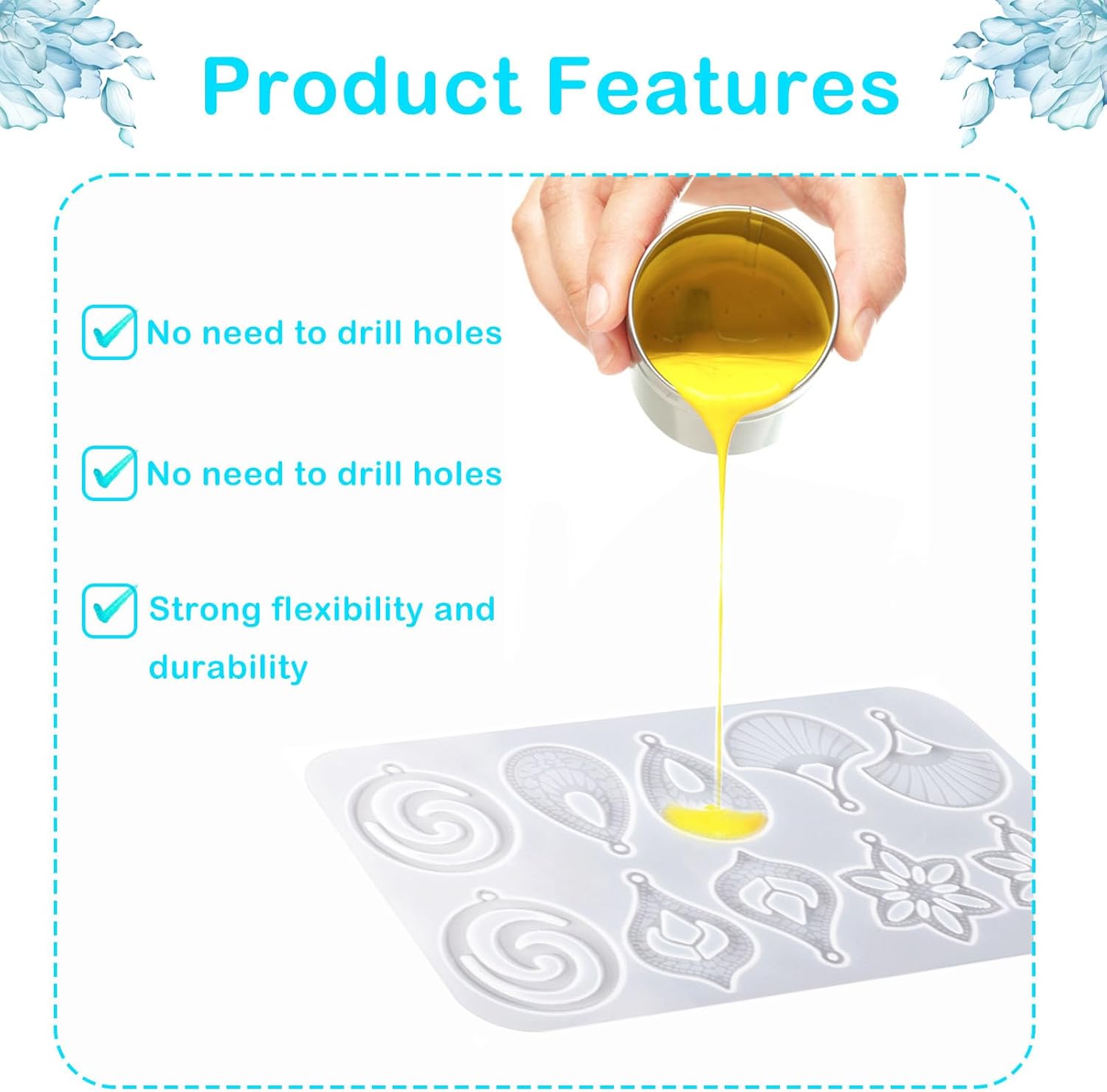 Leaf Resin Jewelry Molds,Silicone Epoxy Resin Earring Molds with Hole Water Droplets Keychain with Key Buckle Accessories Pendant Molds for Women Gift DIY Crafts - Image 3