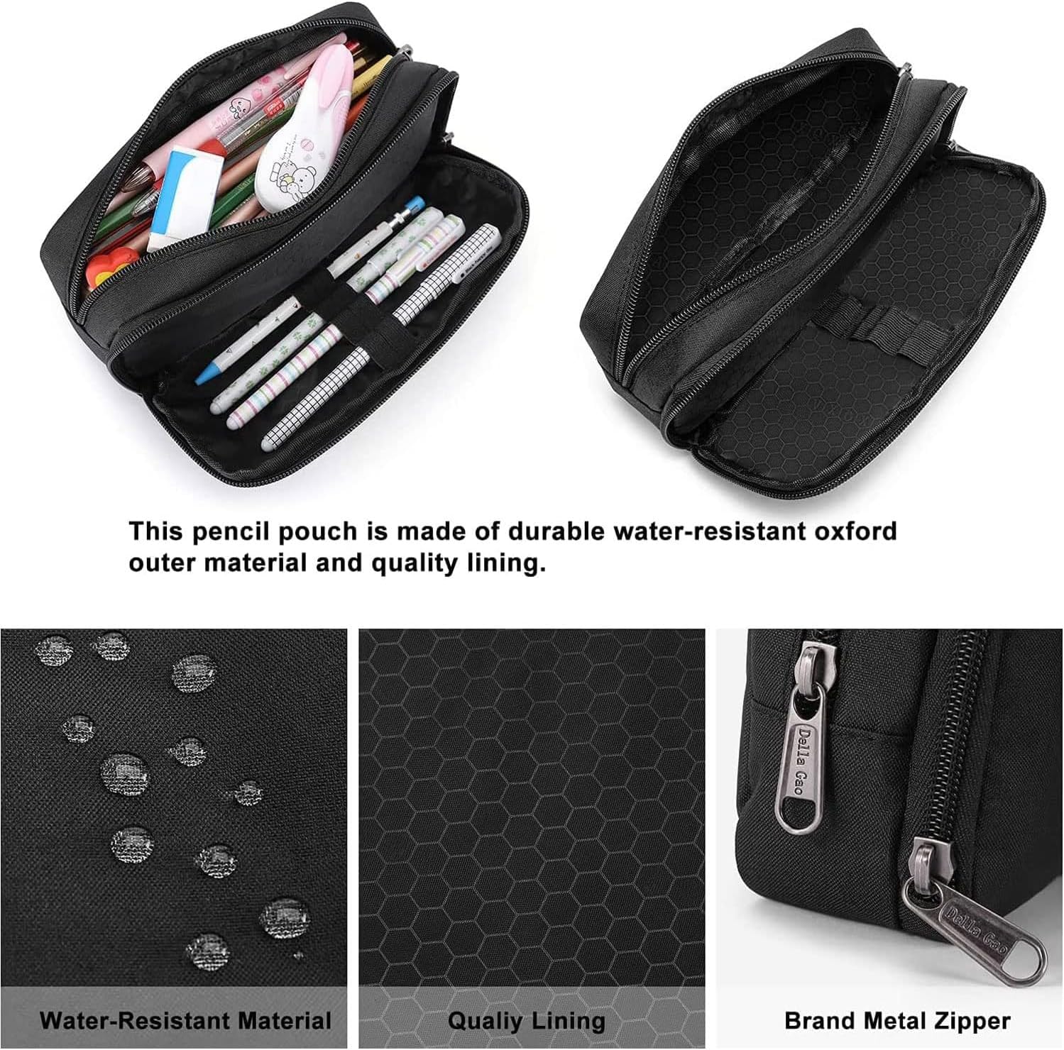 Della Gao Pencil Case Large Capacity Pencil Pouch Aesthetic Pencil Box for Office Stationery Organizer, Simple Sturdy Multifunctional Pencil Bag for Men - Black - Image 2