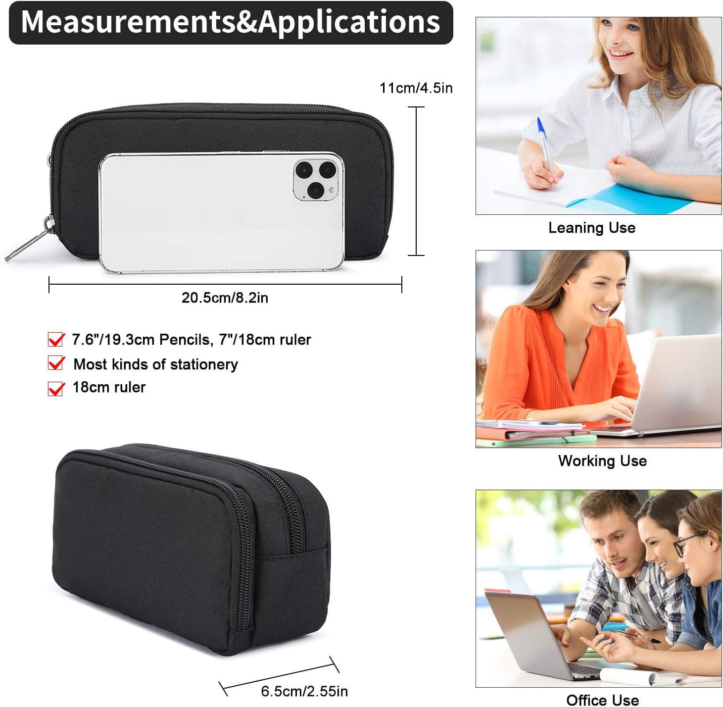 Della Gao Pencil Case Large Capacity Pencil Pouch Aesthetic Pencil Box for Office Stationery Organizer, Simple Sturdy Multifunctional Pencil Bag for Men - Black - Image 3
