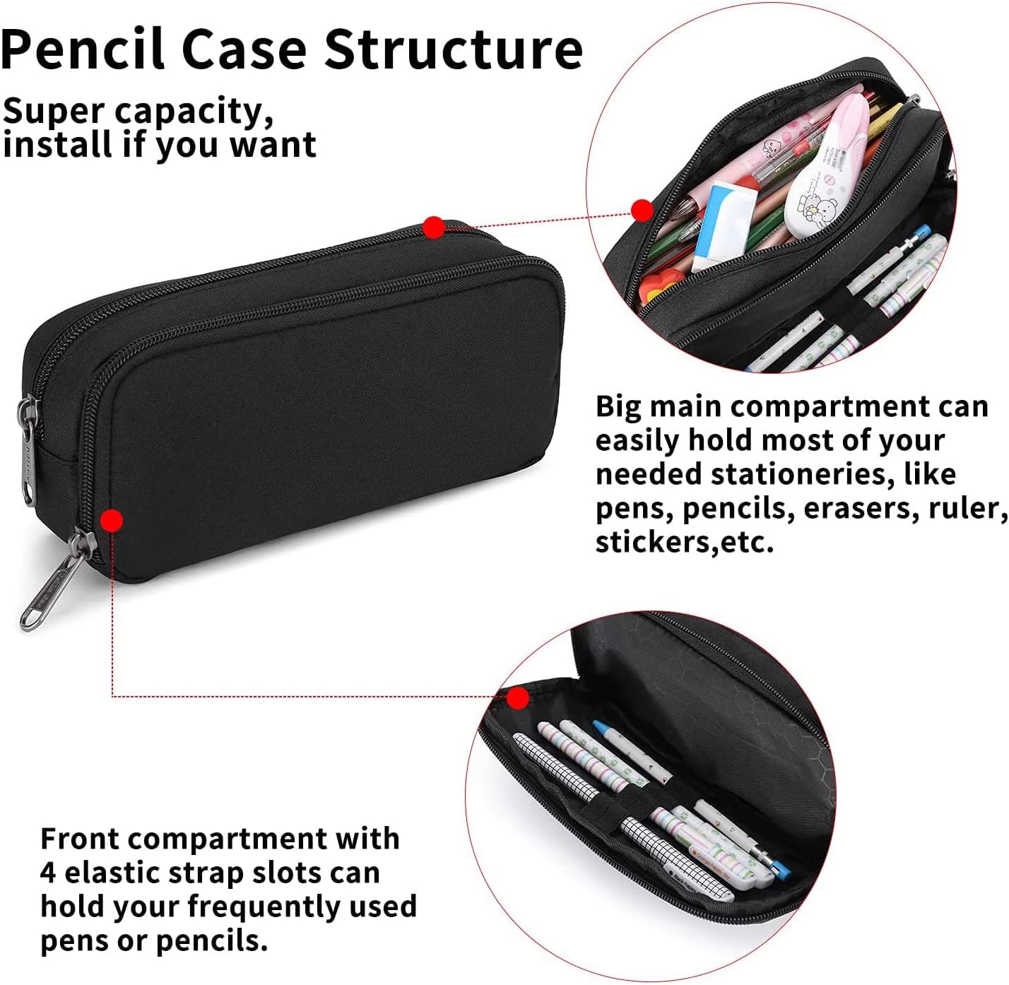 Della Gao Pencil Case Large Capacity Pencil Pouch Aesthetic Pencil Box for Office Stationery Organizer, Simple Sturdy Multifunctional Pencil Bag for Men - Black - Image 4