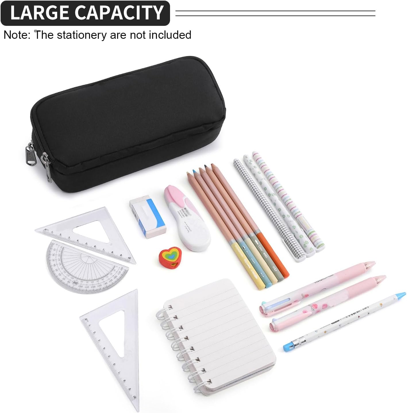 Della Gao Pencil Case Large Capacity Pencil Pouch Aesthetic Pencil Box for Office Stationery Organizer, Simple Sturdy Multifunctional Pencil Bag for Men - Black - Image 5