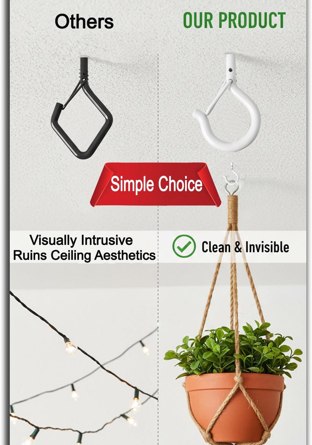 20 Pack Q Hanger Hooks with Safety Buckle, Rustproof Screw Hooks for Hanging String Lights, Bird Feeder, Plants, Wind Chimes & Holiday Decorations, Holds Up to 40 lbs（2.2