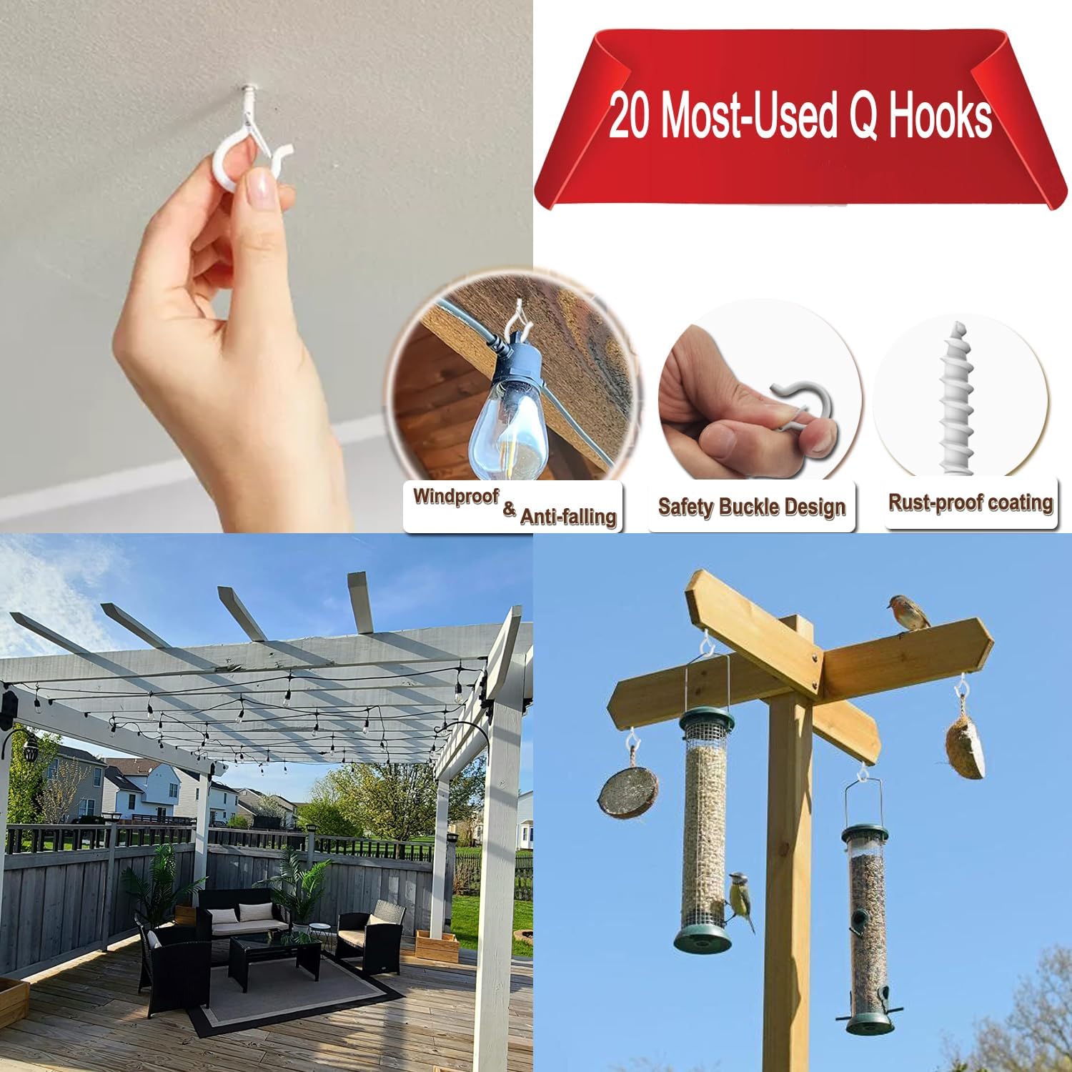20 Pack Q Hanger Hooks with Safety Buckle, Rustproof Screw Hooks for Hanging String Lights, Bird Feeder, Plants, Wind Chimes & Holiday Decorations, Holds Up to 40 lbs（2.2