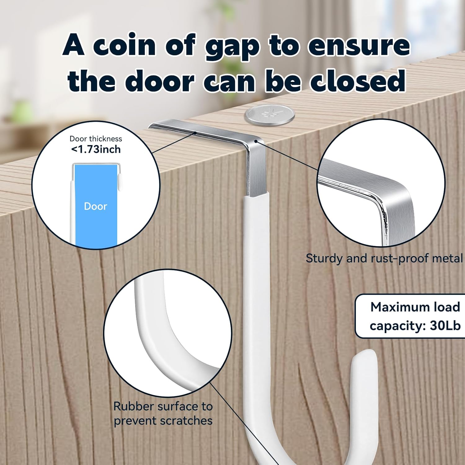 HOOSUN 4 Pack Over The Door Hooks,5 in Hooks for Hanging Heavy Duty Door Hanger,Towel Hanger Hook Holders,Over Door Hangers Hooks Door Hanger Hooks for Hanging Clothes,Towels,Hats,Coats,Bags (White) - Image 3
