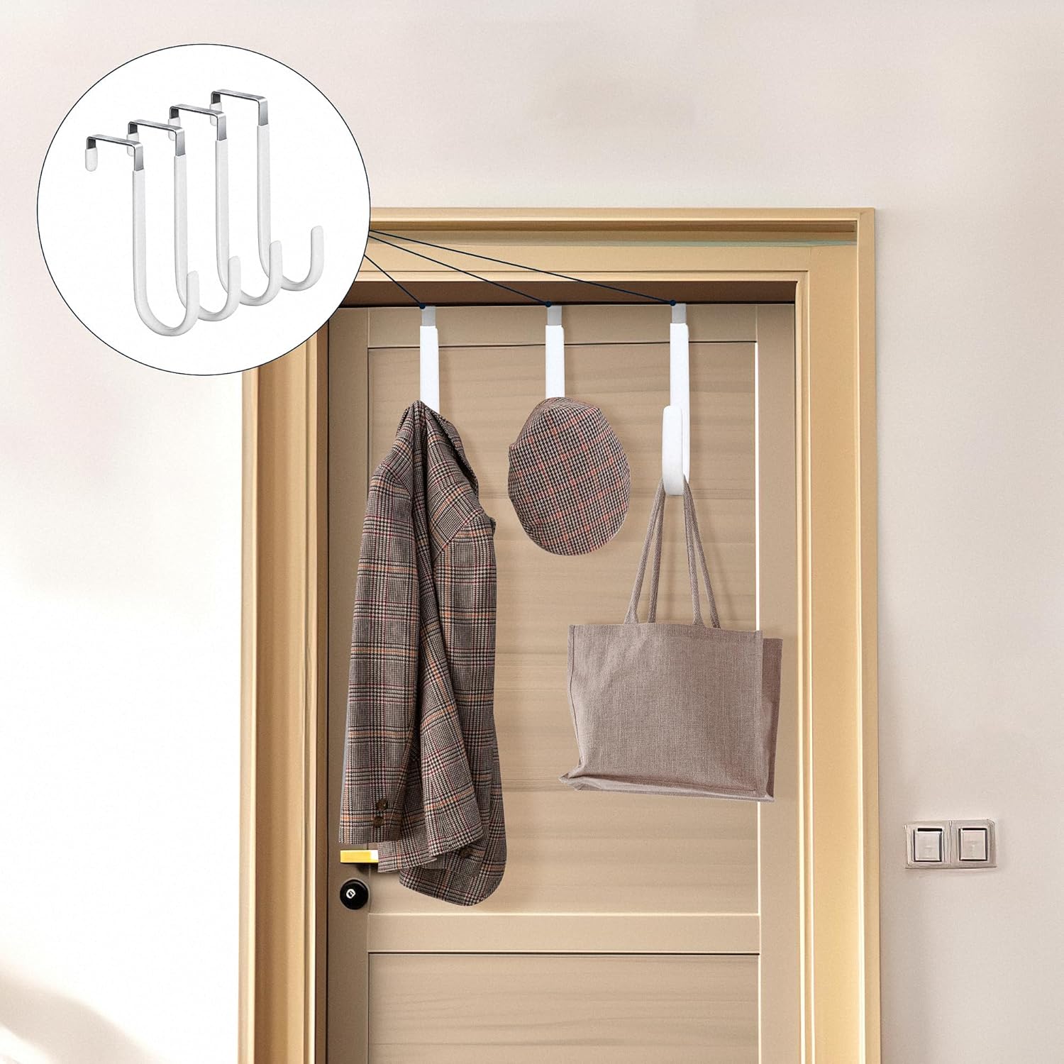 HOOSUN 4 Pack Over The Door Hooks,5 in Hooks for Hanging Heavy Duty Door Hanger,Towel Hanger Hook Holders,Over Door Hangers Hooks Door Hanger Hooks for Hanging Clothes,Towels,Hats,Coats,Bags (White) - Image 6