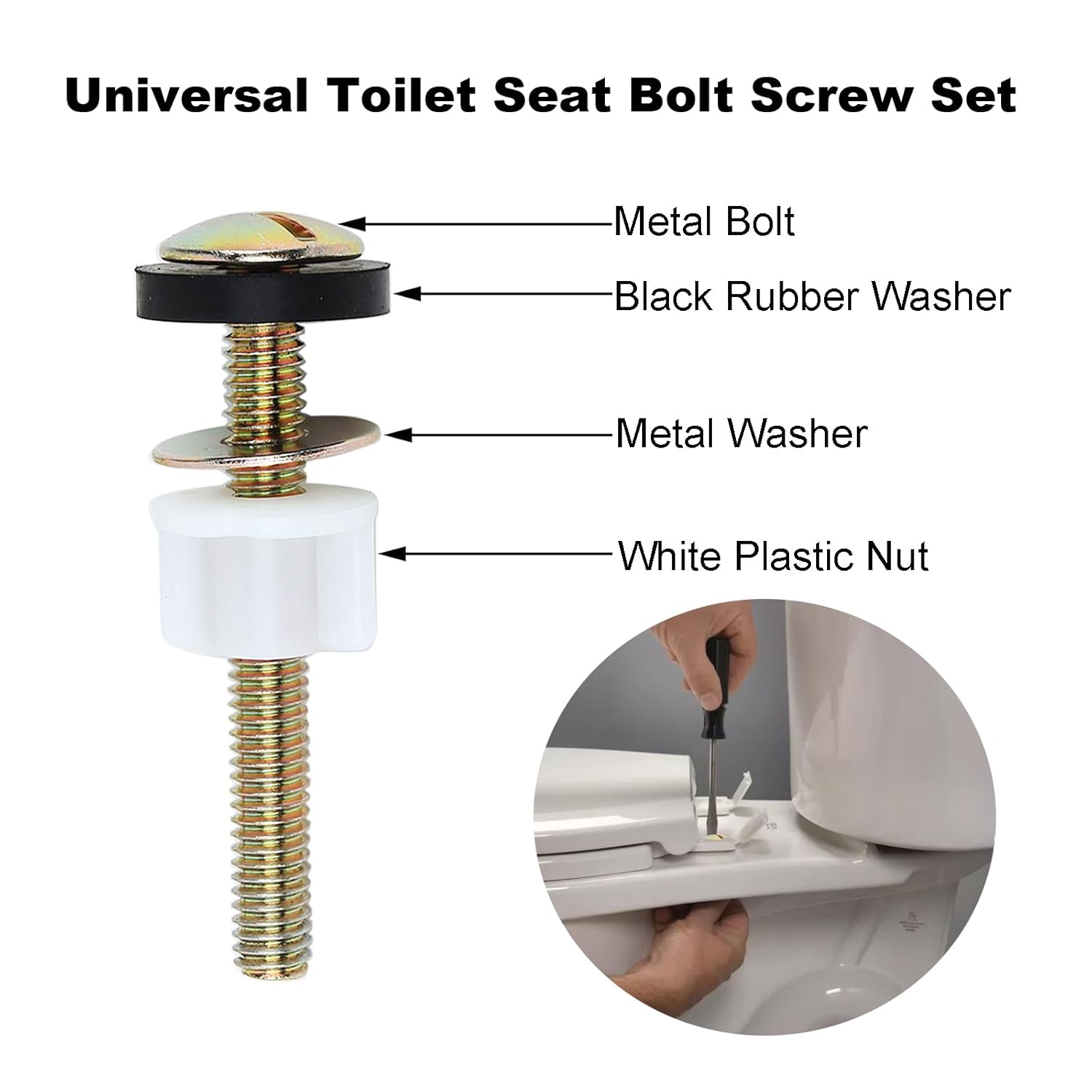 2 PCS Toilet Seat Screws Replacement Kit, Heavy Duty Toilet Seat Fastener with Plastic Nut and Metal and Rubber Washers, Universal Toilet Seat Bolt and Screw Set for Top Mount Toilet Seat Hinge - Image 2