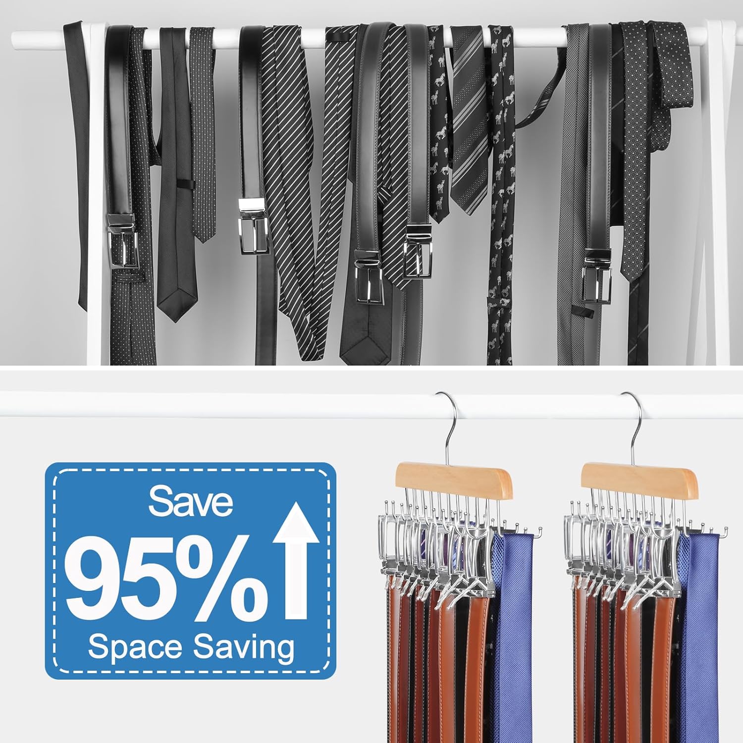 TOPIA HANGER 20 Hooks Belt Tie Hanger Space Saving for Closet, 2 IN 1 Belt Ties Racks Max 30 Belts with 30 Ties Capacity, Curved with Flat Hooks for Belts,Ties,Bras,Closet Organizers and Storage CT69N - Image 2