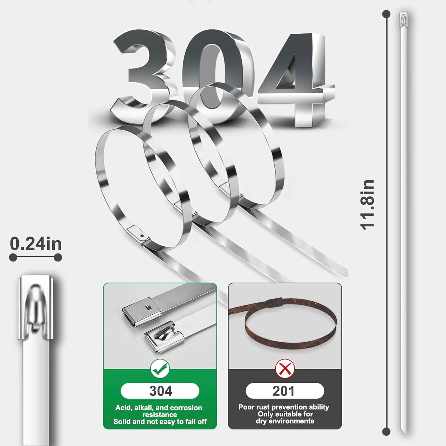 100-Pack Metal Zip Ties 11.8 inch, Heavy Duty 304 Stainless Steel Self-Locking Cable Ties for Outdoor Use, Multifunctional Cable Ties for Exhaust Wrap, Chain Link Fence Parts, Farms, Pipes - Image 2