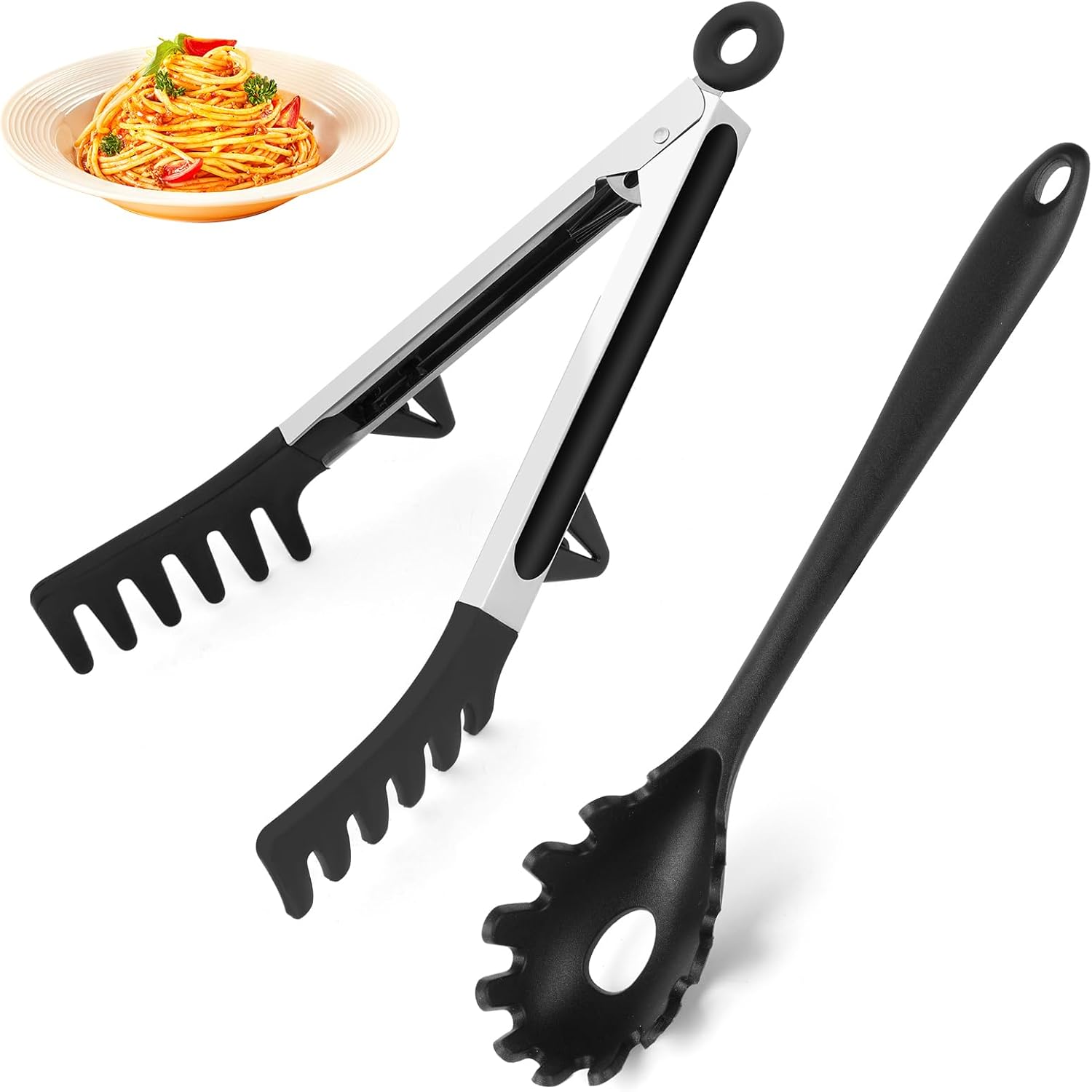 Upgraded Silicone Spaghetti Spoon and Pasta Tong Set – Sturdy Pasta Fork with Teeth, Noodle Spoon Server, and Multi-Purpose Tongs for Cooking and Serving - Image 1