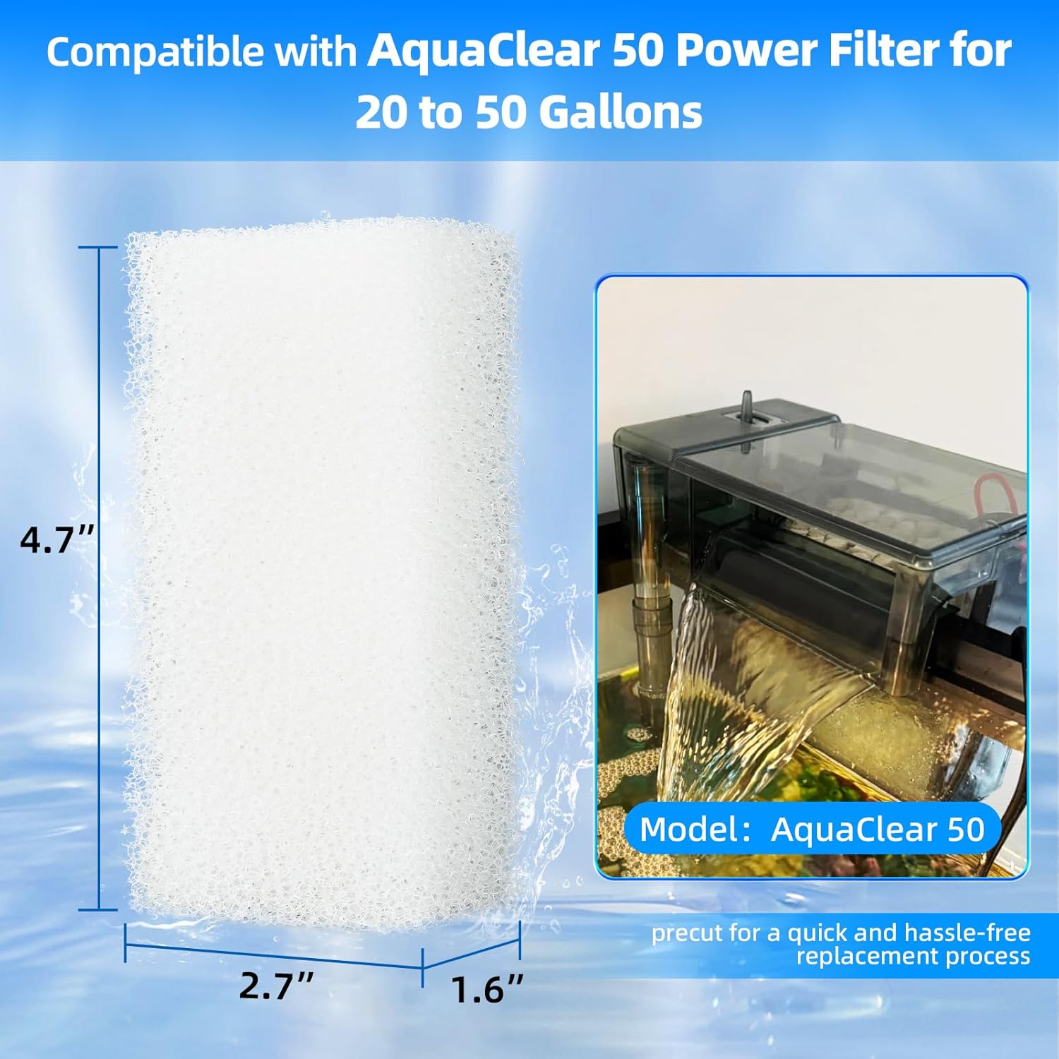 6-Pack Replacement Filter Sponge Pads, Aquarium Foam Insert Compatible with AquaClear 50, Fish Tank Filter Media - Image 2
