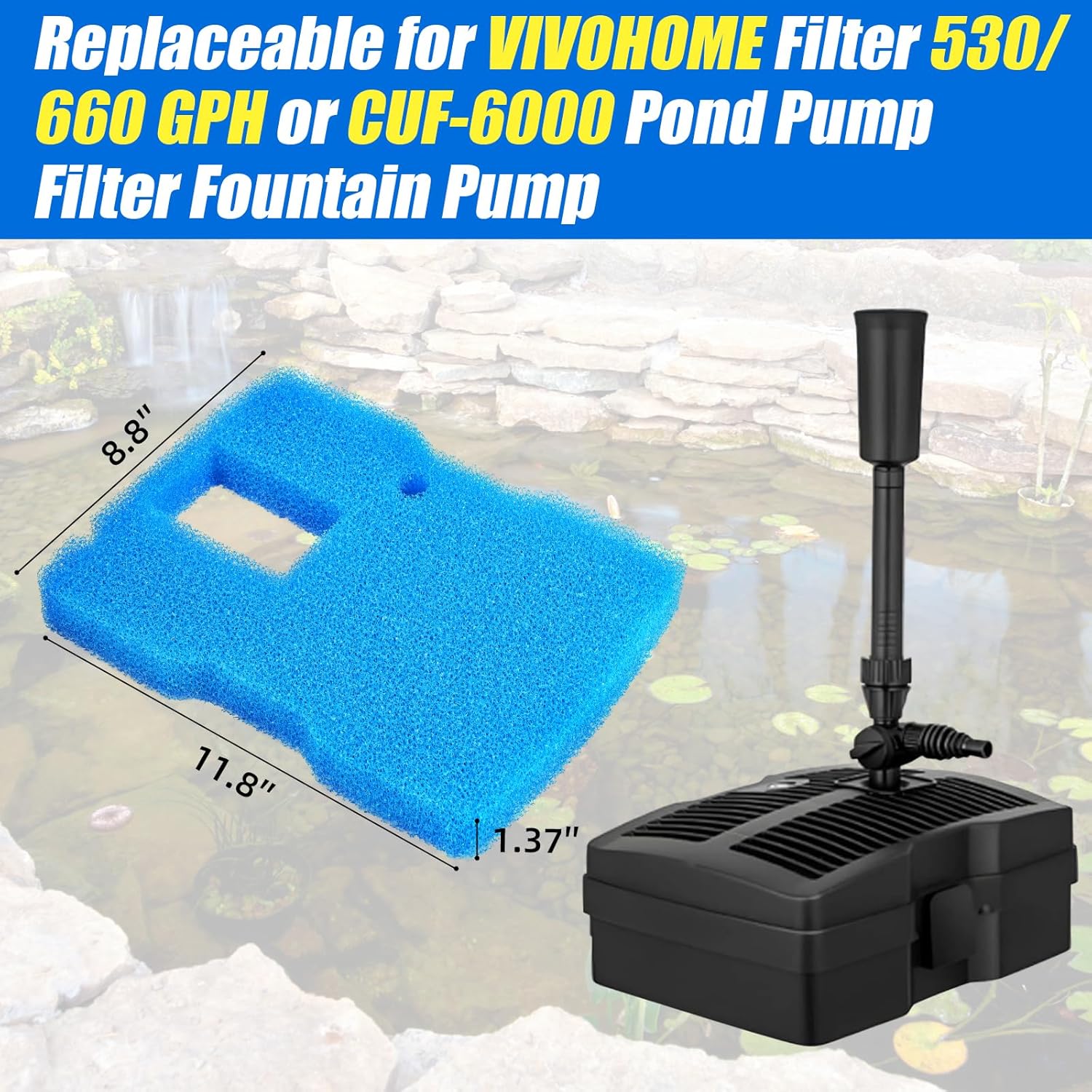 Replacement Sponge Filter Pad Compatible with VIVOHOME 530/660 GPH or CUF-6000 Pond Filter Pump Fountain (1pcs) - Image 2