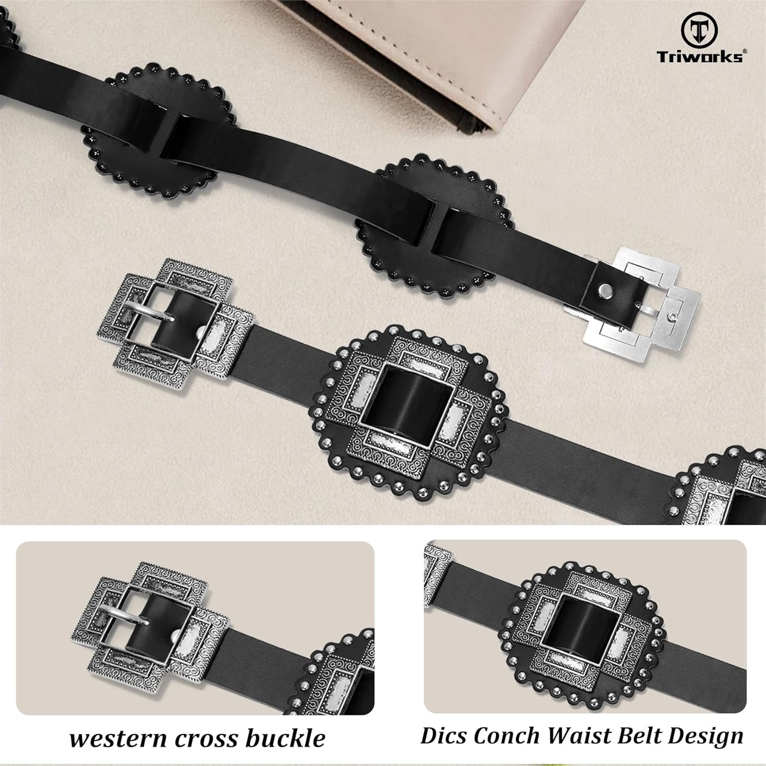 Women Western Concho Leather Belt Cowgirl Boho Belt Chunky for Dresses Concert Festival,Black,Fit Waist 23