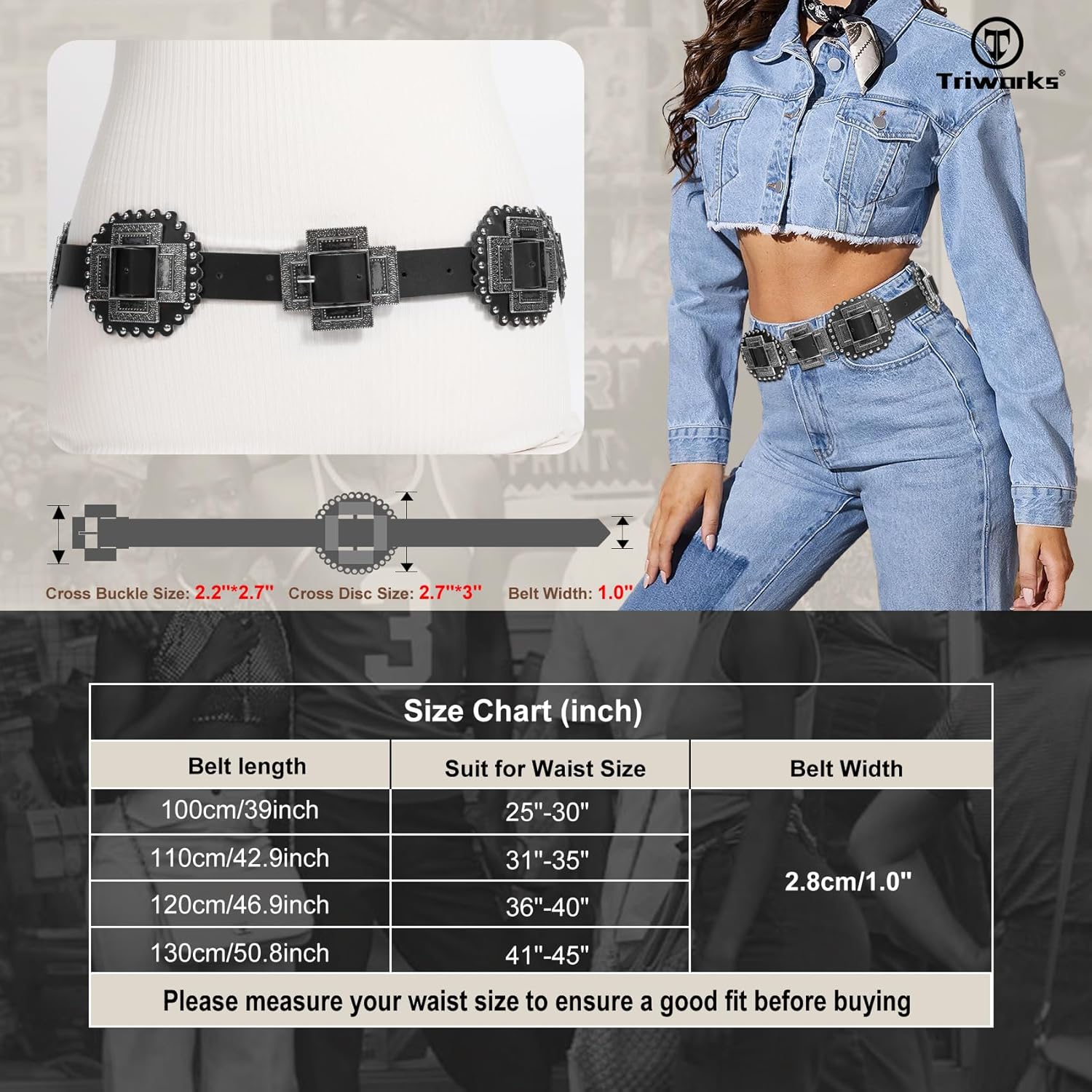 Women Western Concho Leather Belt Cowgirl Boho Belt Chunky for Dresses Concert Festival,Black,Fit Waist 23