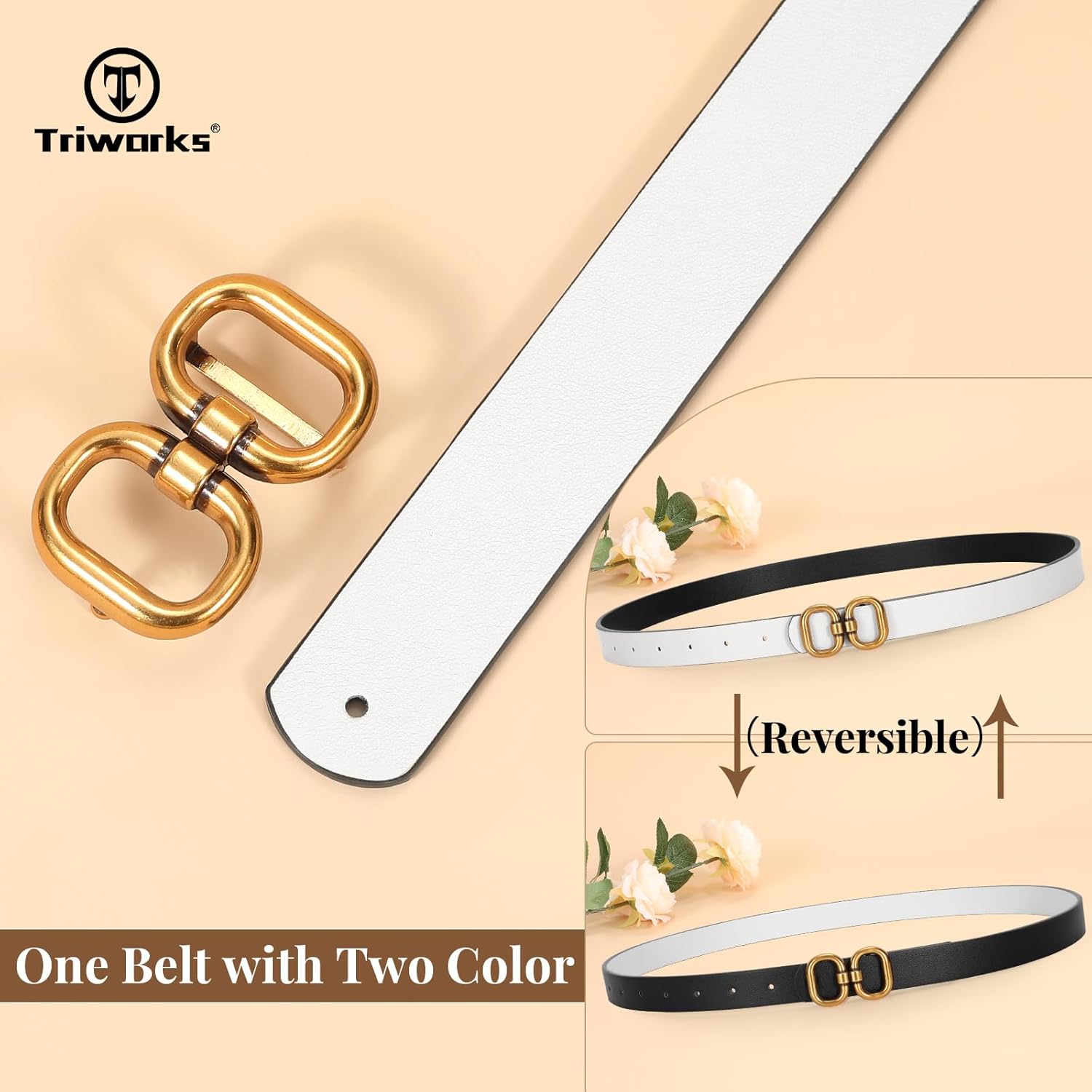 Reversible Leather Belt for Women with Gold Buckle Ladies Leather Belt for Jeans Pants - Image 2