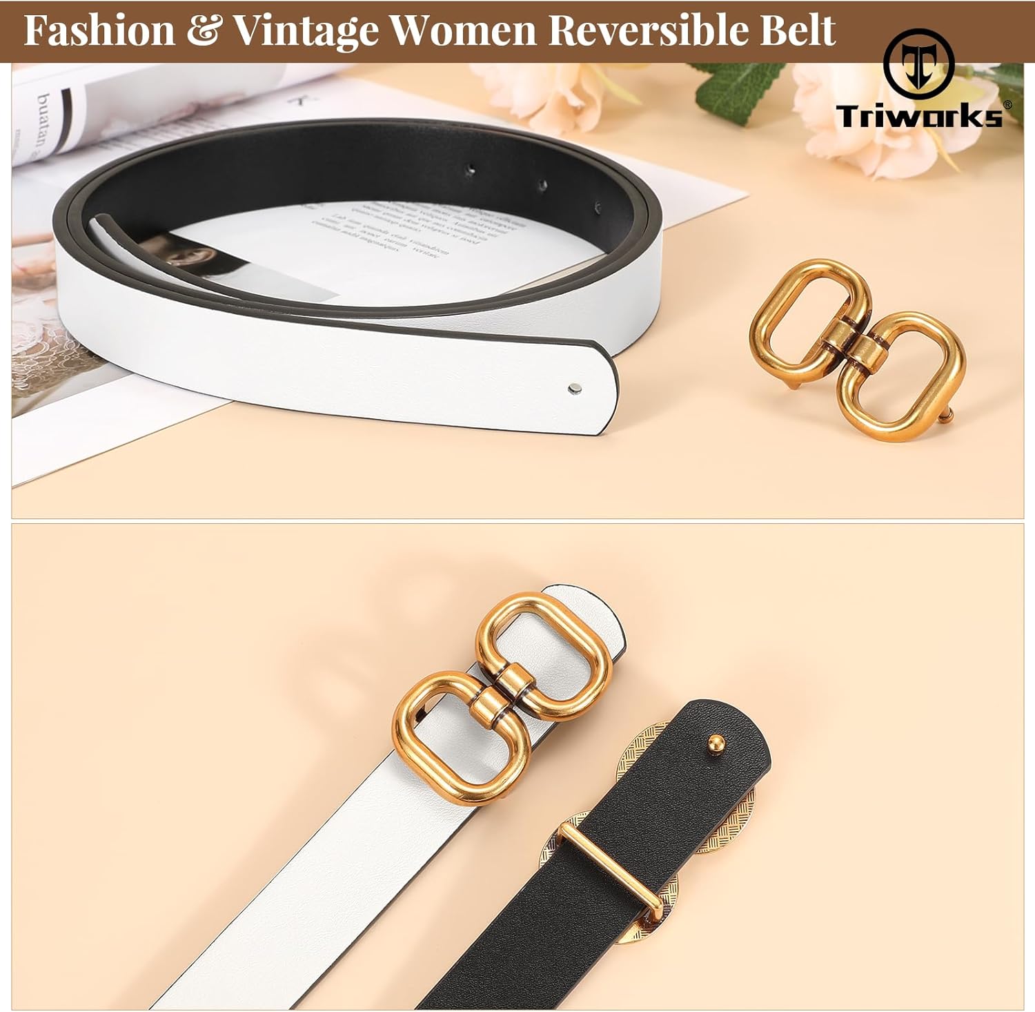Reversible Leather Belt for Women with Gold Buckle Ladies Leather Belt for Jeans Pants - Image 6