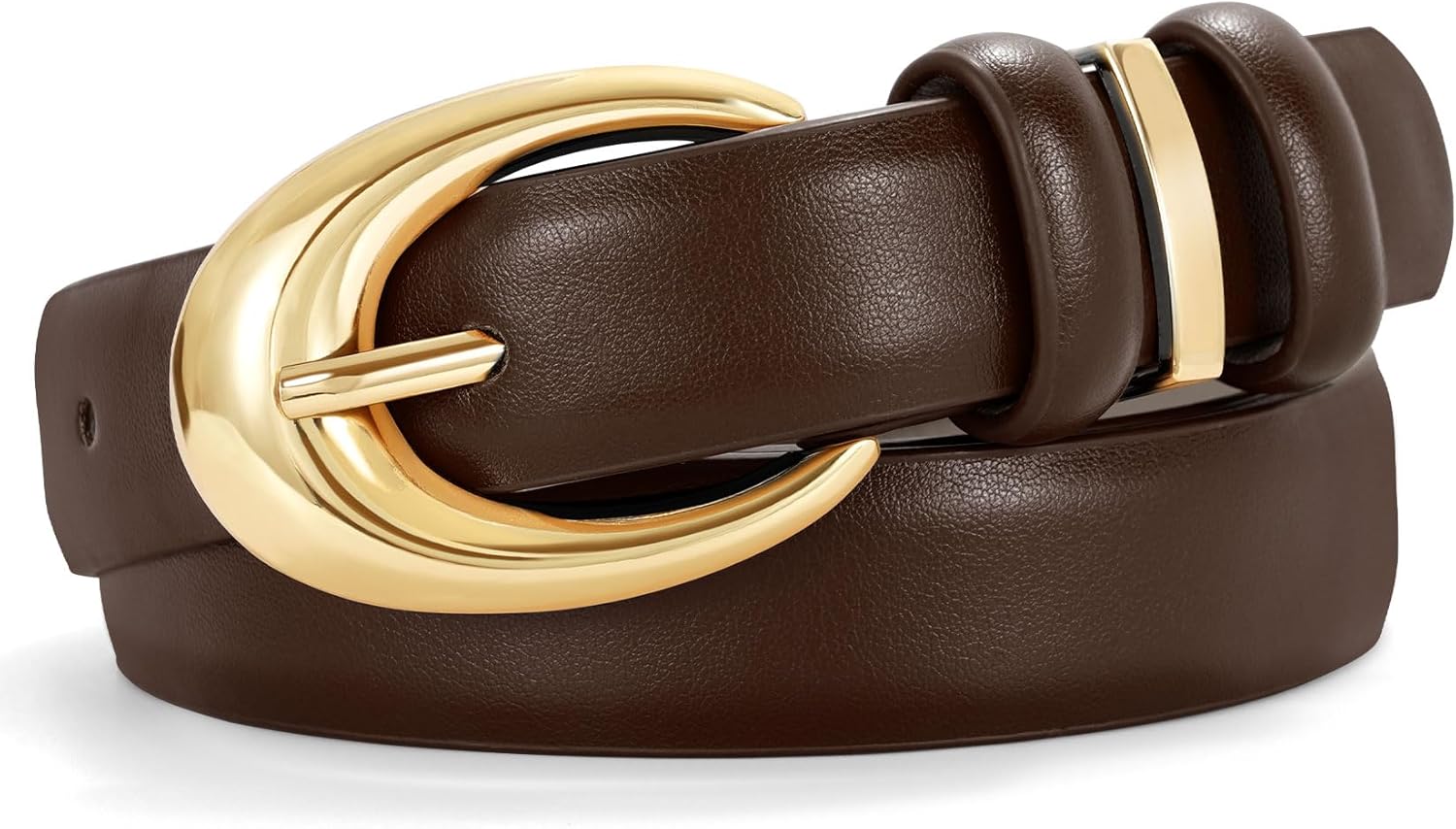 Women Leather Belt for Jeans Pants Fashion Ladies Skinny Faux Leather Dress belt with Gold Buckle, Coffee - Image 1