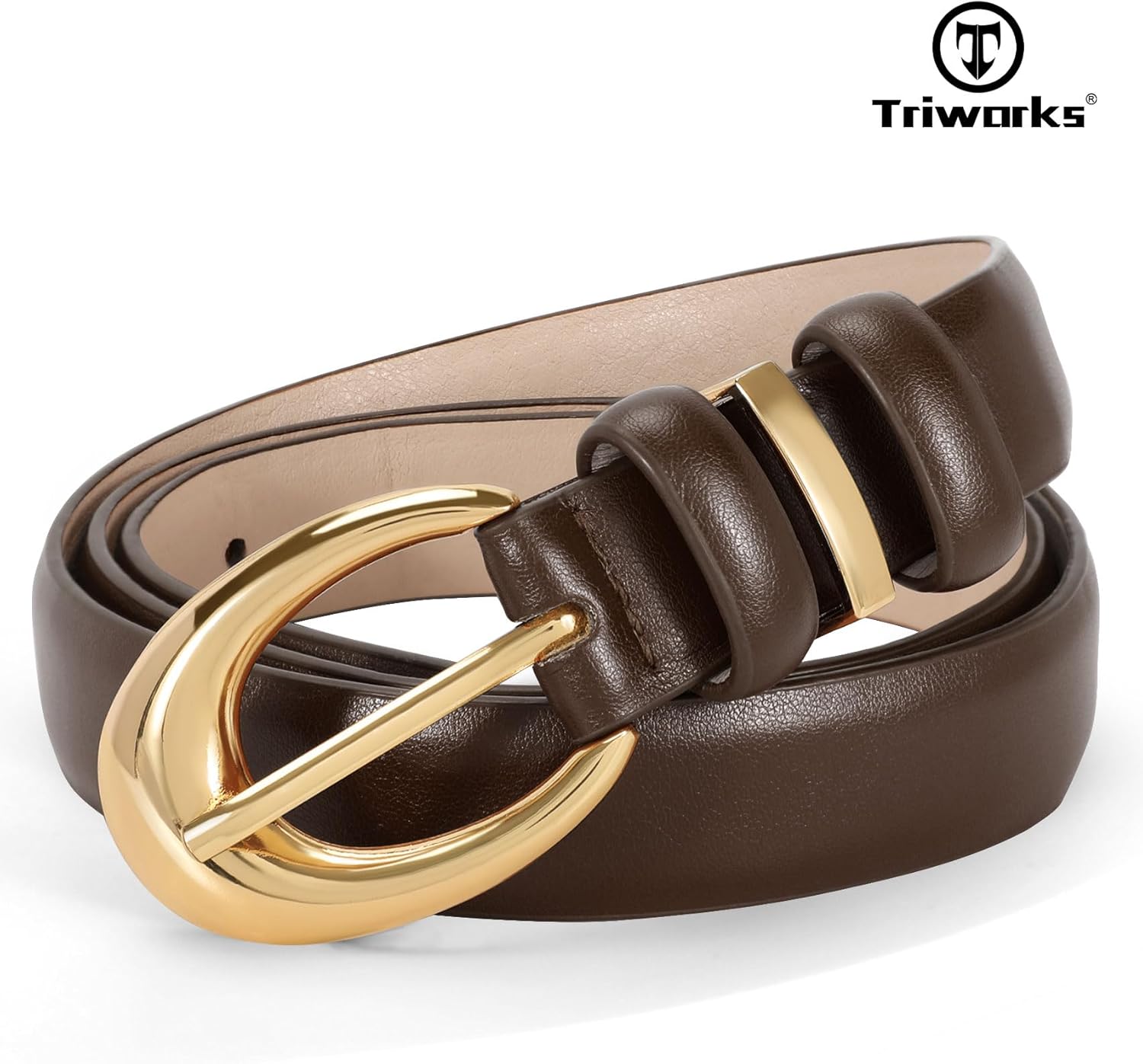Women Leather Belt for Jeans Pants Fashion Ladies Skinny Faux Leather Dress belt with Gold Buckle, Coffee - Image 2