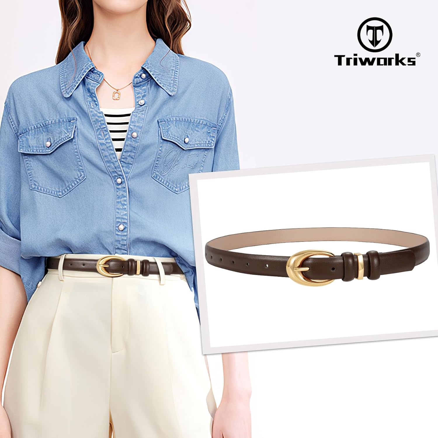 Women Leather Belt for Jeans Pants Fashion Ladies Skinny Faux Leather Dress belt with Gold Buckle, Coffee - Image 3