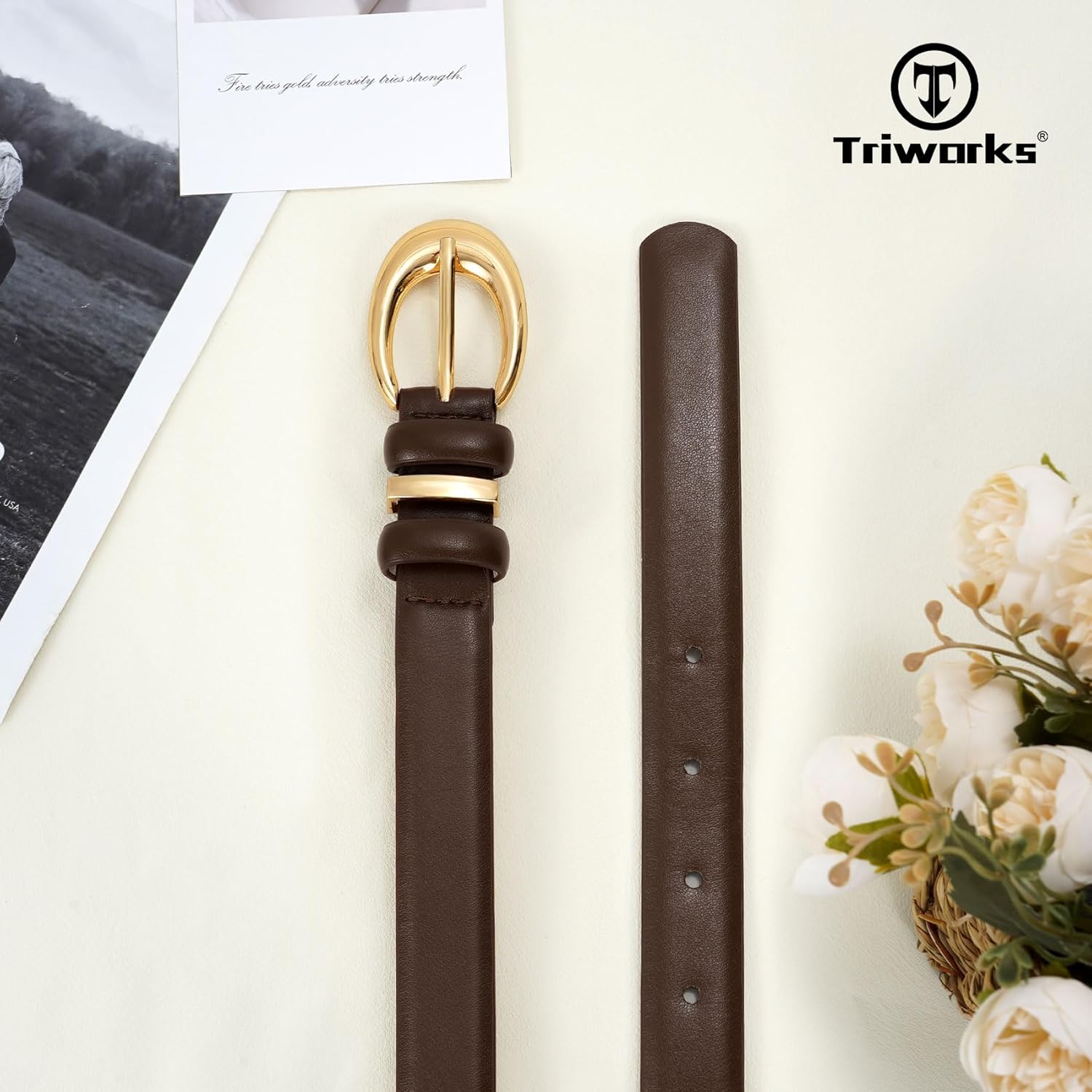 Women Leather Belt for Jeans Pants Fashion Ladies Skinny Faux Leather Dress belt with Gold Buckle, Coffee - Image 5