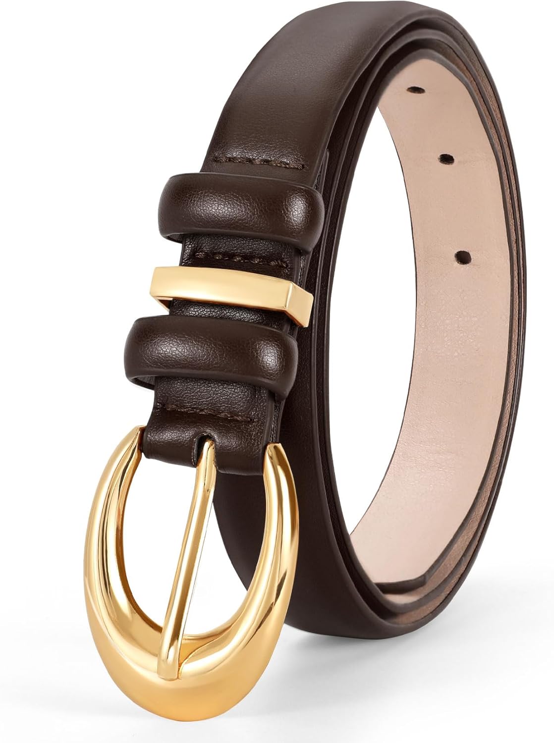 Women Leather Belt for Jeans Pants Fashion Ladies Skinny Faux Leather Dress belt with Gold Buckle, Coffee - Image 6