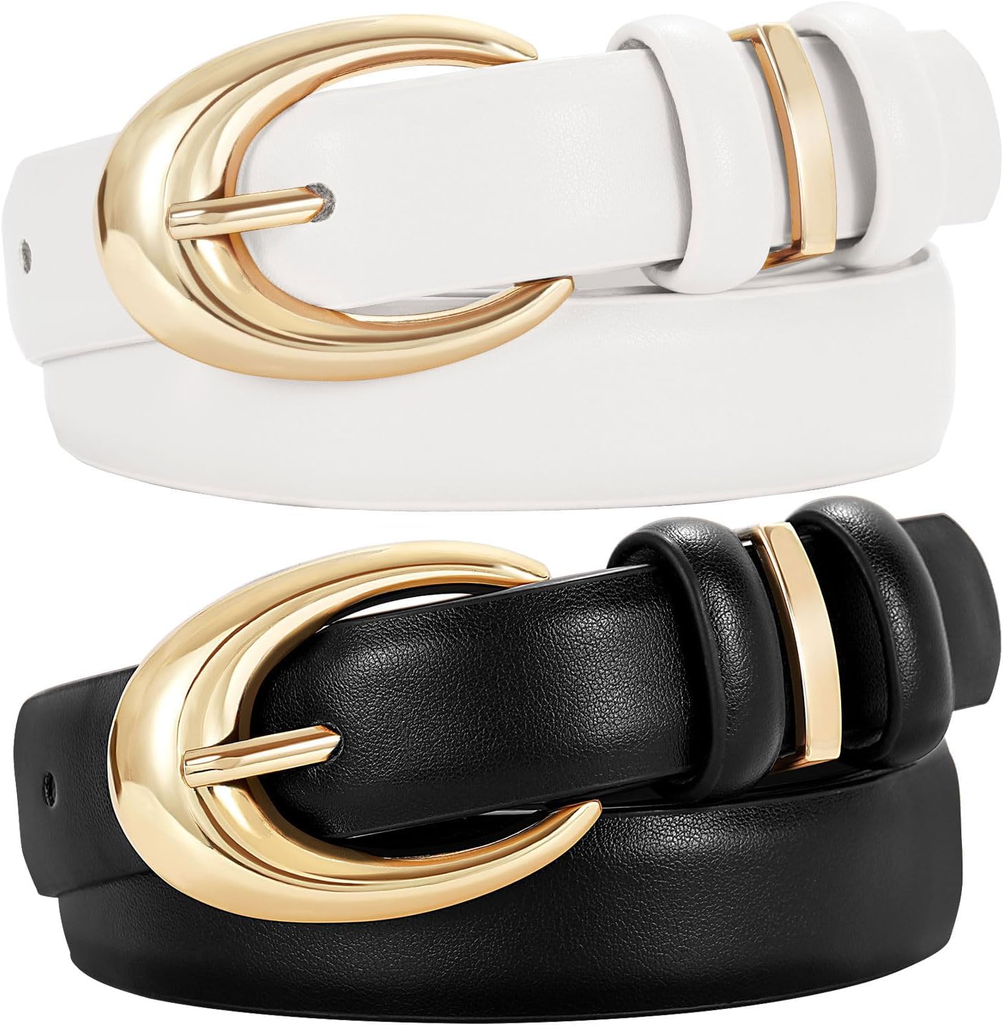 2 Pack Women Leather Belt for Jeans Pants Fashion Ladies Skinny Faux Leather Belt with Gold Buckle - Image 1