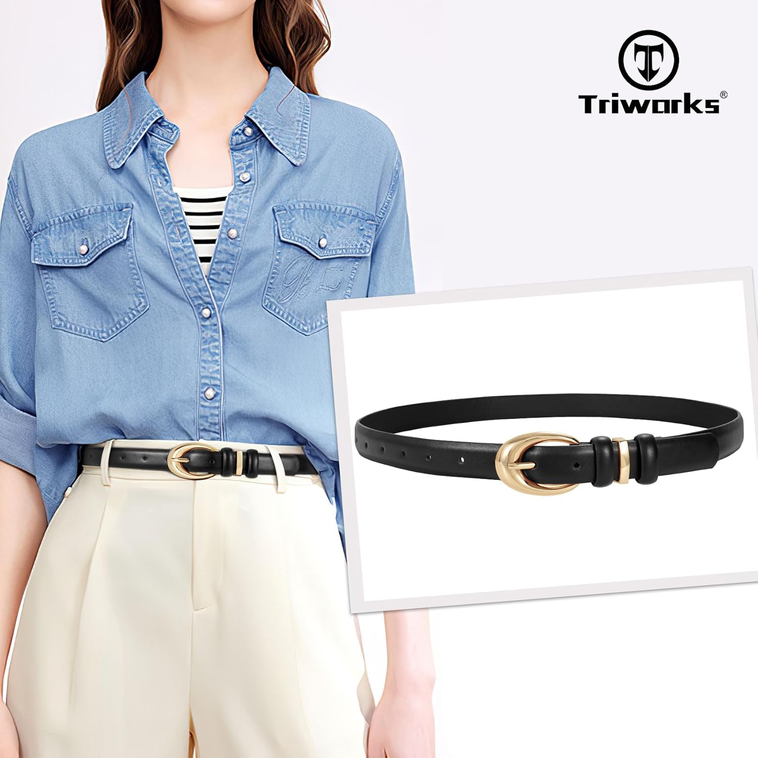 2 Pack Women Leather Belt for Jeans Pants Fashion Ladies Skinny Faux Leather Belt with Gold Buckle - Image 2