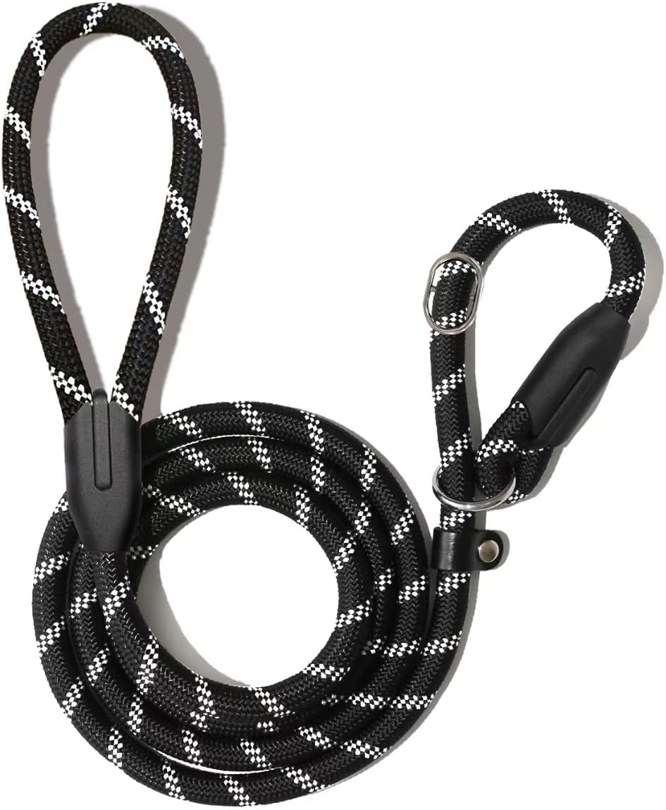 Dog Training Slip Leash, No Pull, Durable Reflective Lead, Puppy Heavy Duty Loop Rope, Comfortable Handle, 6 ft, 3/8 inch, diam. Black/White - Image 1